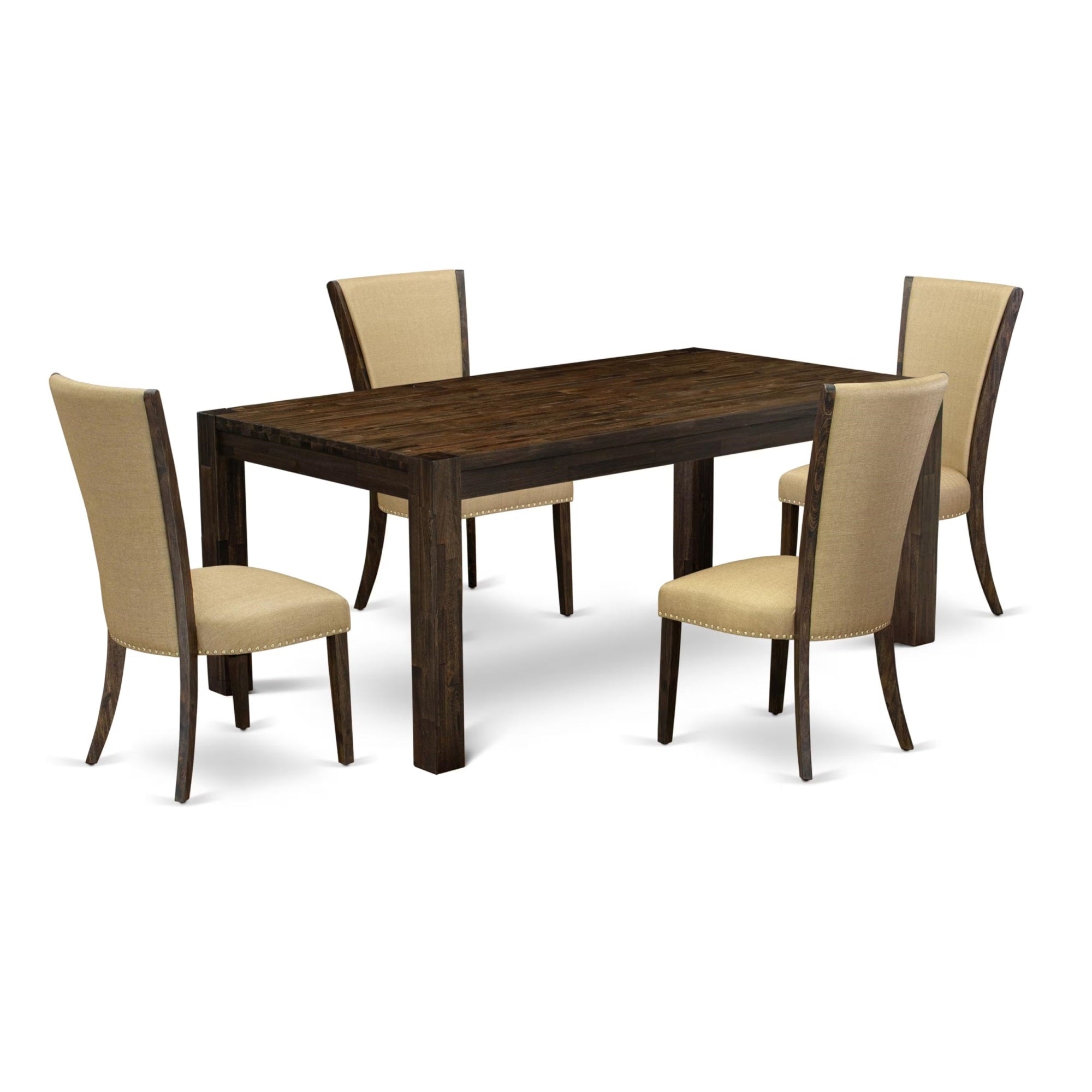 Casafoyer Lmve5-77-03 5 Piece Dinette Set Includes A Rectangle Rustic Wood Dining Room Table And 4 Brown Linen Fabric Upholstered Parson Chairs, 40X72 Inch, Jacobean