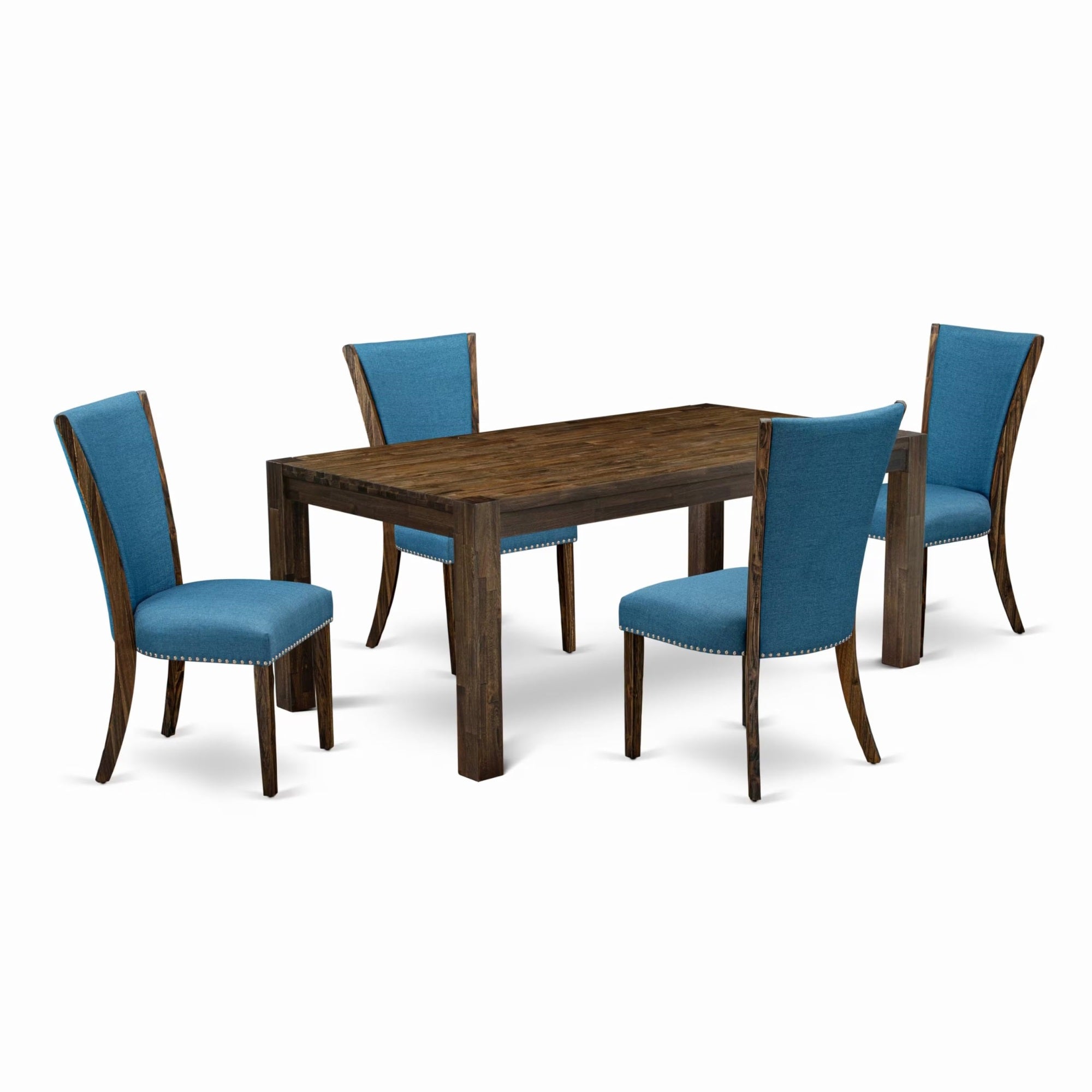Casafoyer Lismore 5 Piece Kitchen Set Includes A Rectangle Rustic Wood Dining Room Table And 4 Blue Color Linen Fabric Upholstered Chairs, 40X72 Inch, Distress Jacobean