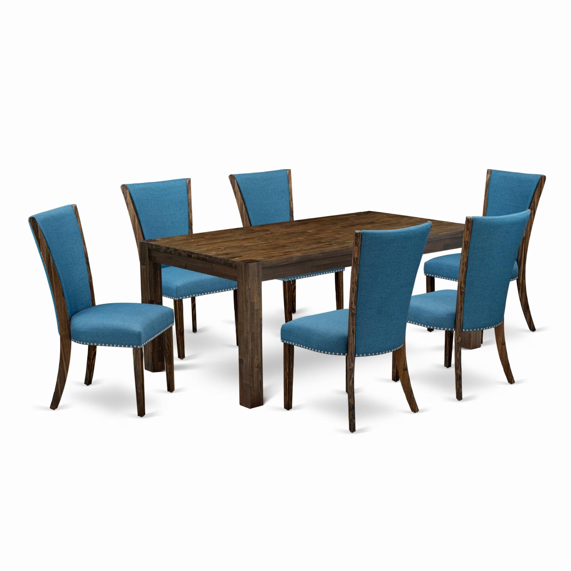 Casafoyer Lismore 7 Piece Dining Set Consist Of A Rectangle Rustic Wood Kitchen Table And 6 Blue Color Linen Fabric Upholstered Chairs, 40X72 Inch, Distress Jacobean