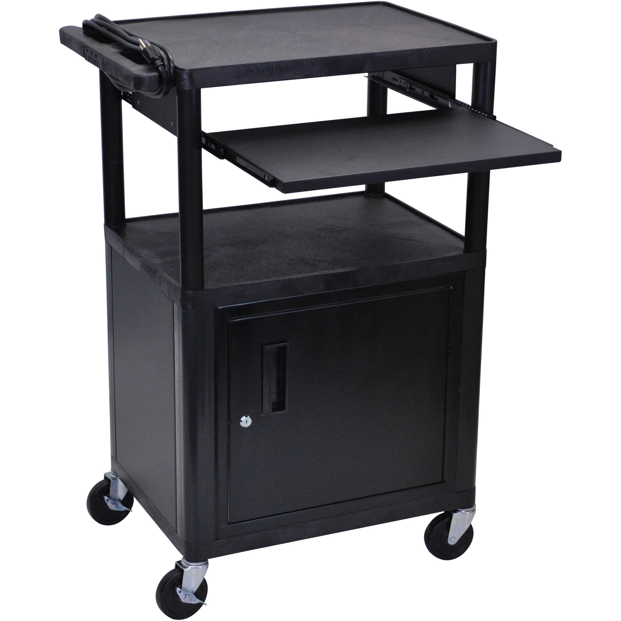 Luxor Endura Black 3 Shelf Presentation Cart W Cabinet & Pullout Shelf