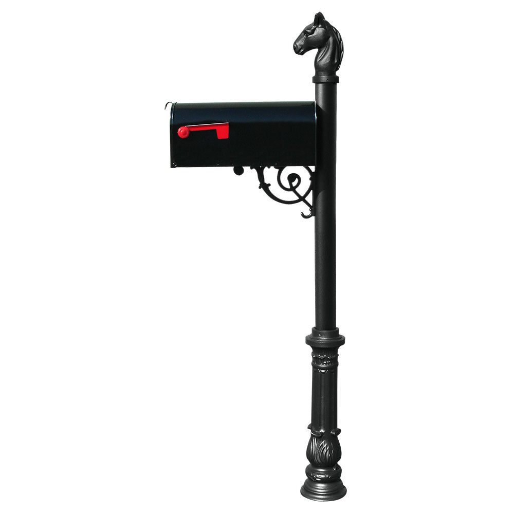 Lewiston Equine Post System With E1 Economy Mailbox, Mounting Plate, Ornate Base And Horsehead Finial  , Black