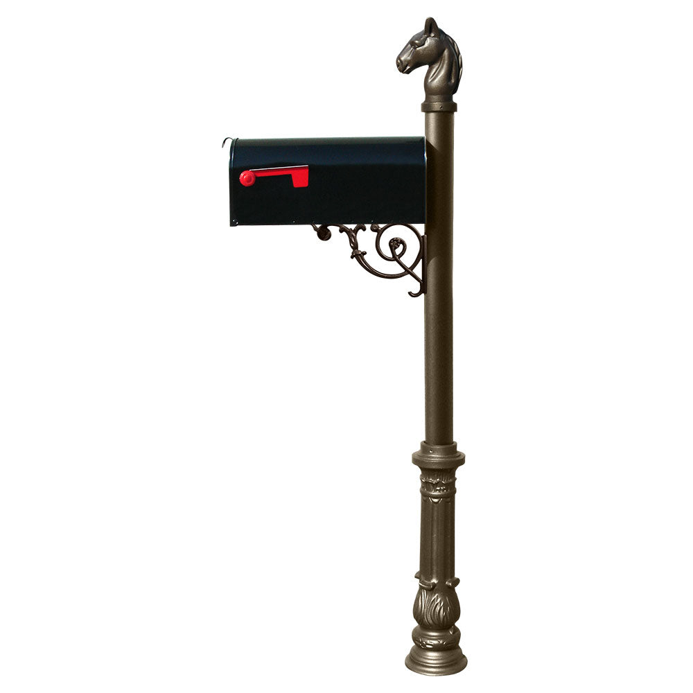Lewiston Equine Post System With E1 Economy Mailbox, Mounting Plate, Ornate Base And Horsehead Finial  , Bronze