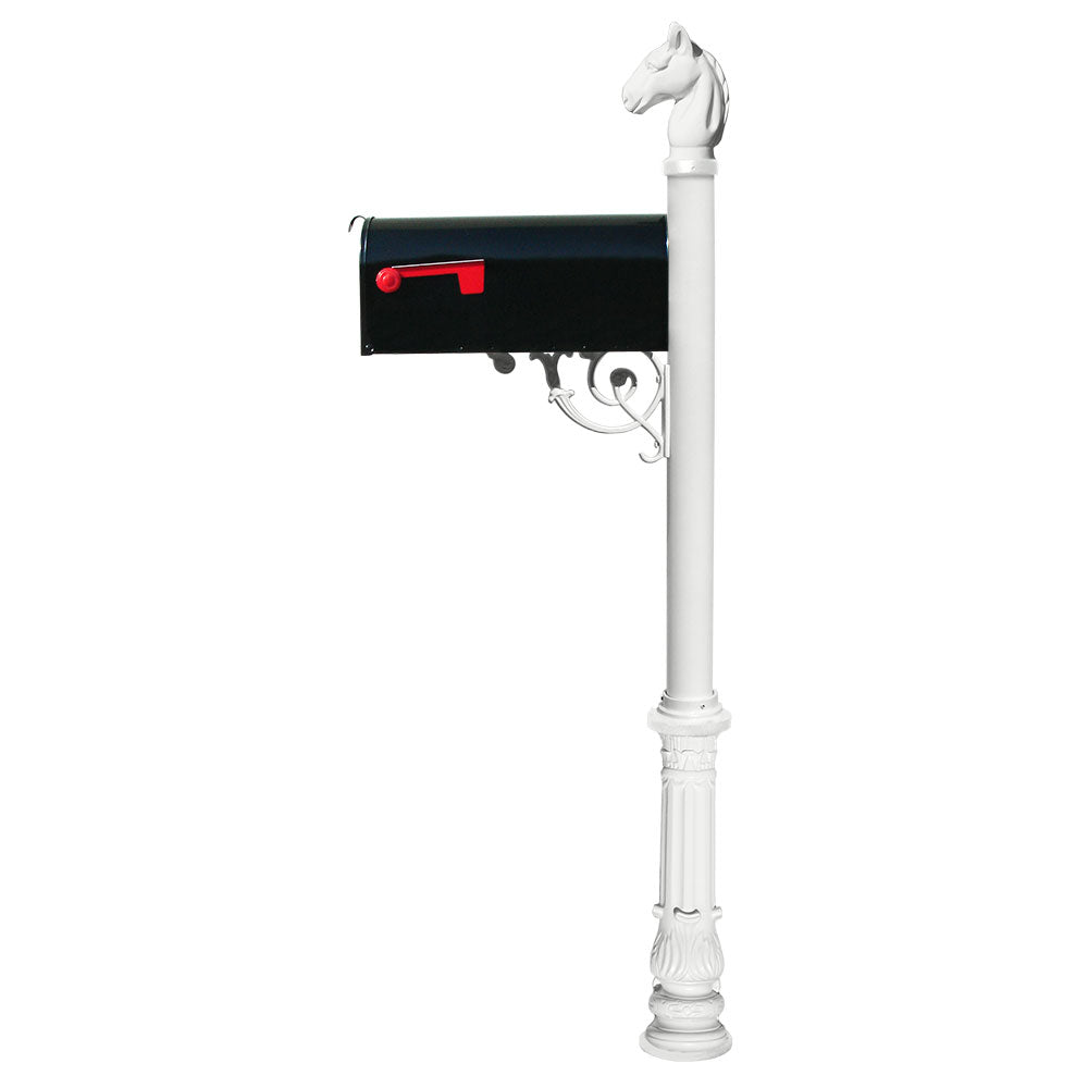 Lewiston Equine Post System With E1 Economy Mailbox, Mounting Plate, Ornate Base And Horsehead Finial  , White