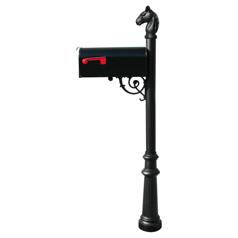 Lewiston Equine Post System With E1 Economy Mailbox, Mounting Plate, Fluted Base And Horsehead Finial  , Black
