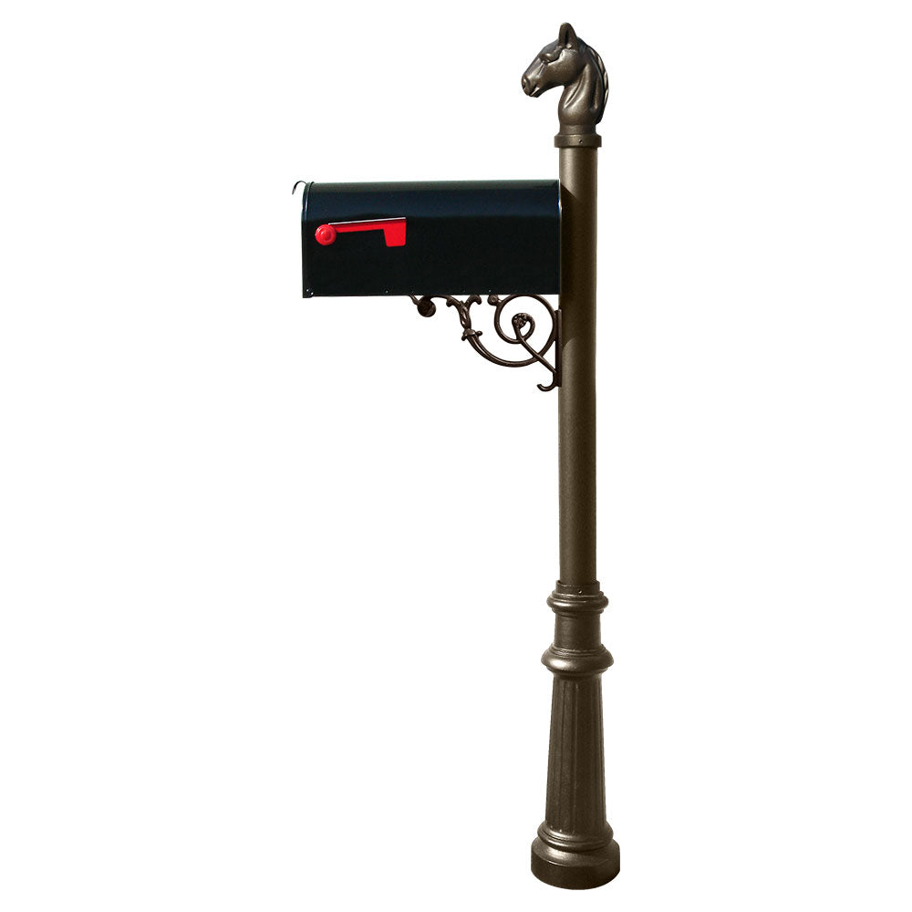 Lewiston Equine Post System With E1 Economy Mailbox, Mounting Plate, Fluted Base And Horsehead Finial  , Bronze