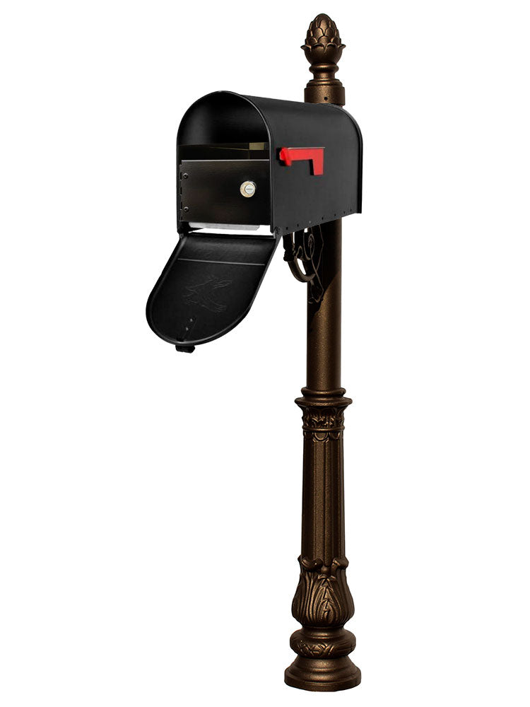 Lewiston Post System With E1 Economy Mailbox And E1 Locking Insert, Mounting Plate, Ornate Base And Pineapple Finial  , Bronze