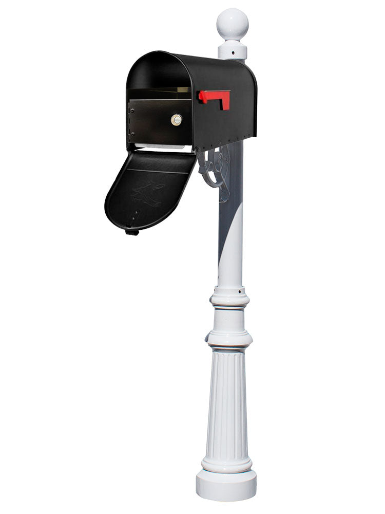 Lewiston Post System With E1 Economy Mailbox And E1 Locking Insert, Mounting Plate, Fluted Base And Ball Finial  , White