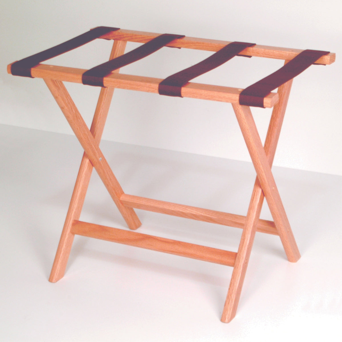 Wooden Mallet Deluxe Straight Leg Luggage Rack, Brown Straps, Light Oak
