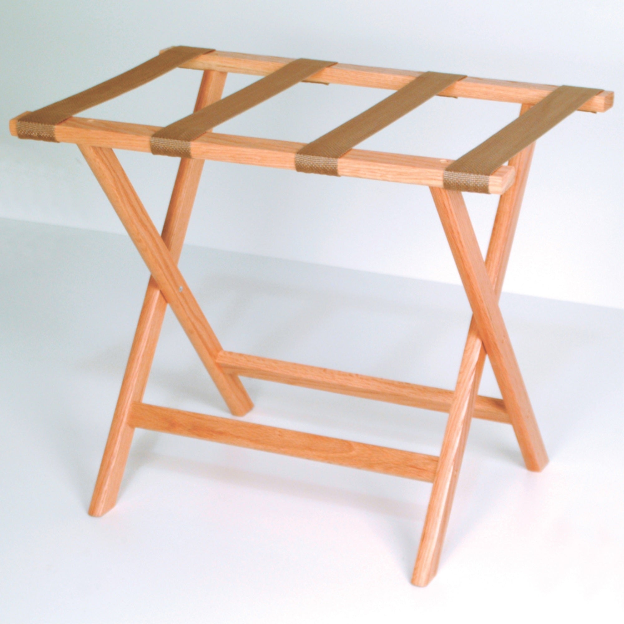 Wooden Mallet Deluxe Straight Leg Luggage Rack, Tan Straps, Light Oak