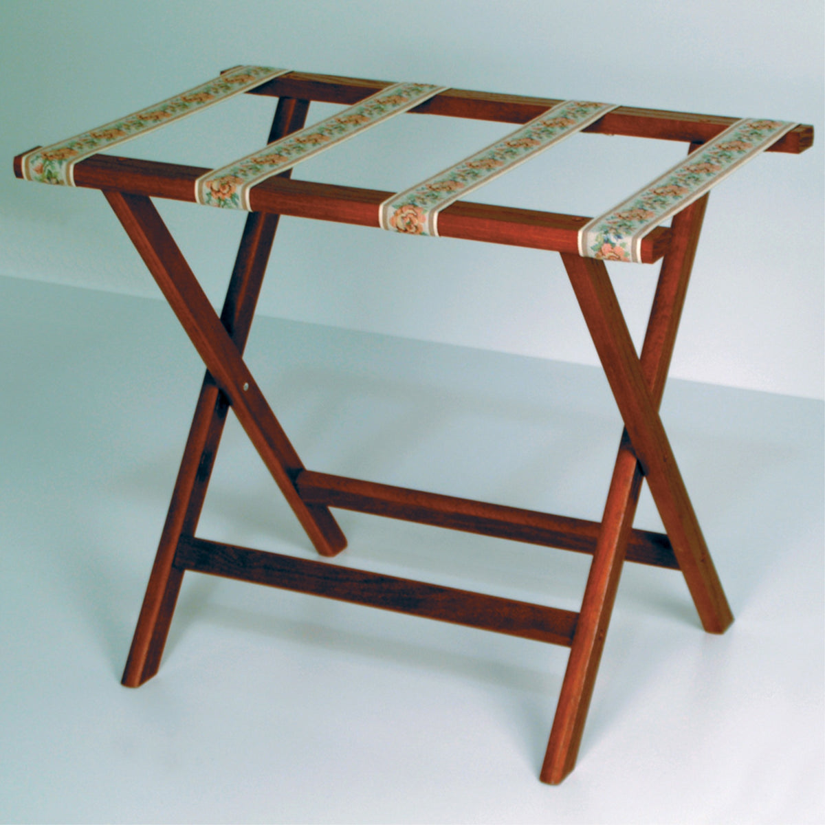 Wooden Mallet Deluxe Straight Leg Luggage Rack, Tapestry Straps, Mahogany