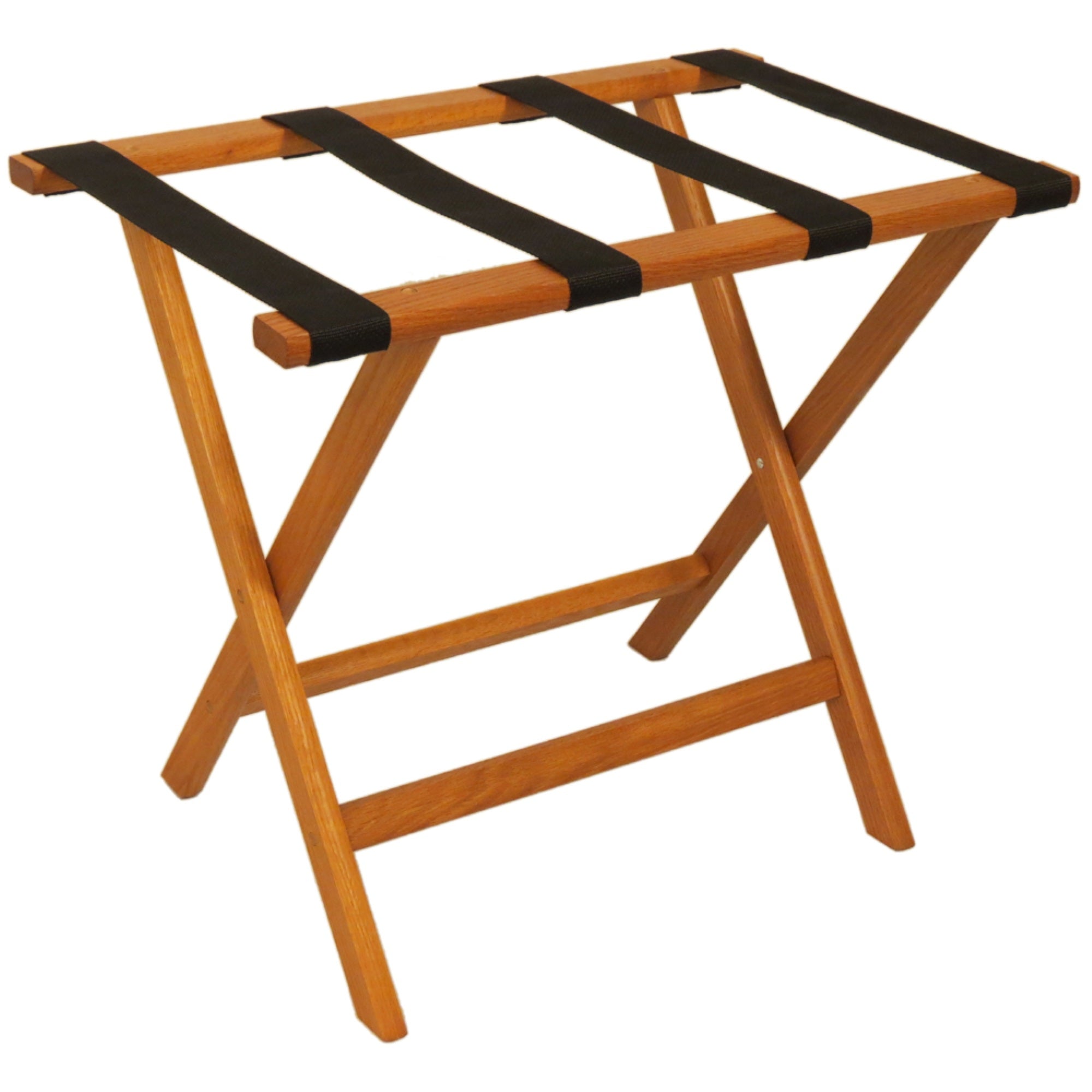 Wooden Mallet Deluxe Straight Leg Luggage Rack, Black Straps, Medium Oak