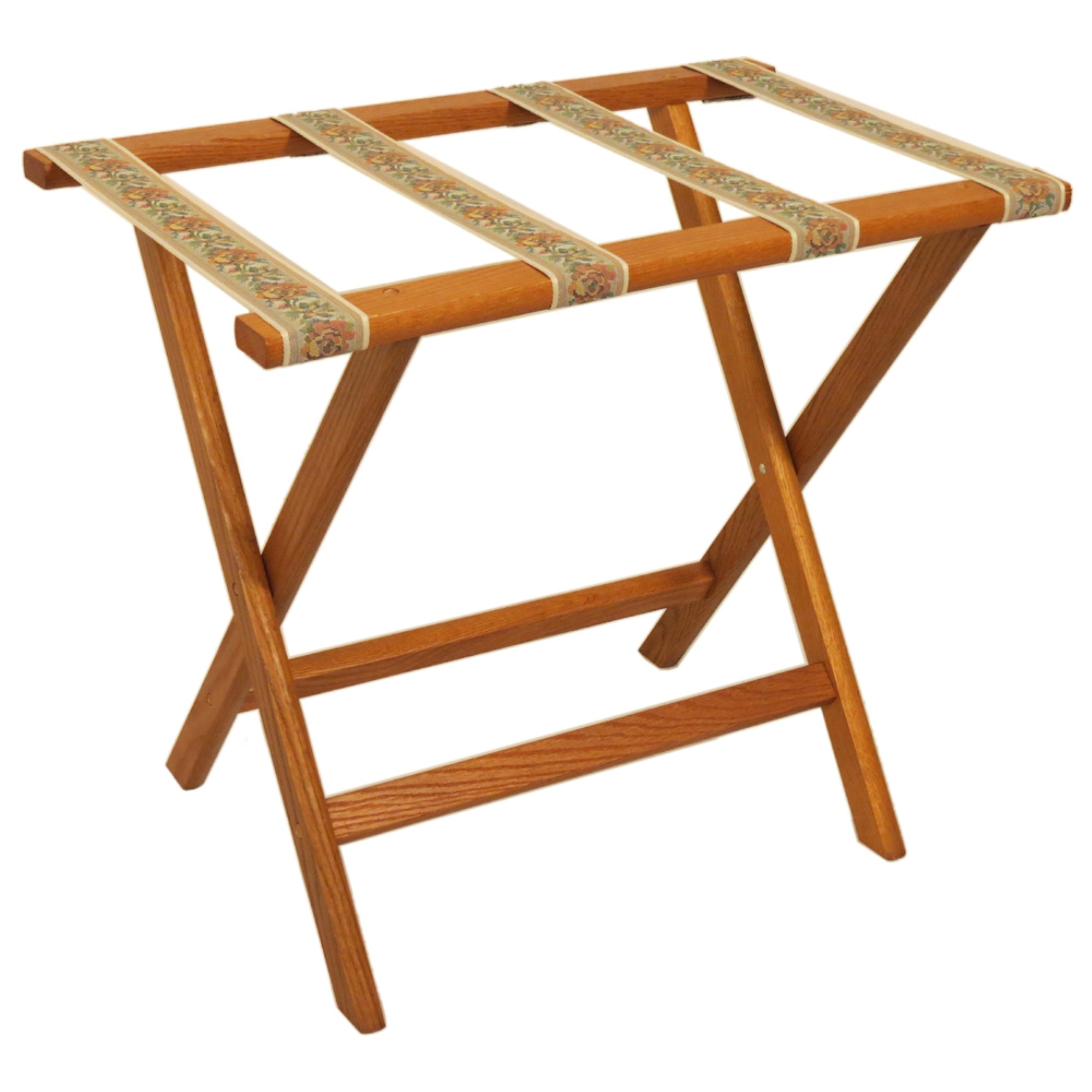 Wooden Mallet Deluxe Straight Leg Luggage Rack, Tapestry Straps, Medium Oak