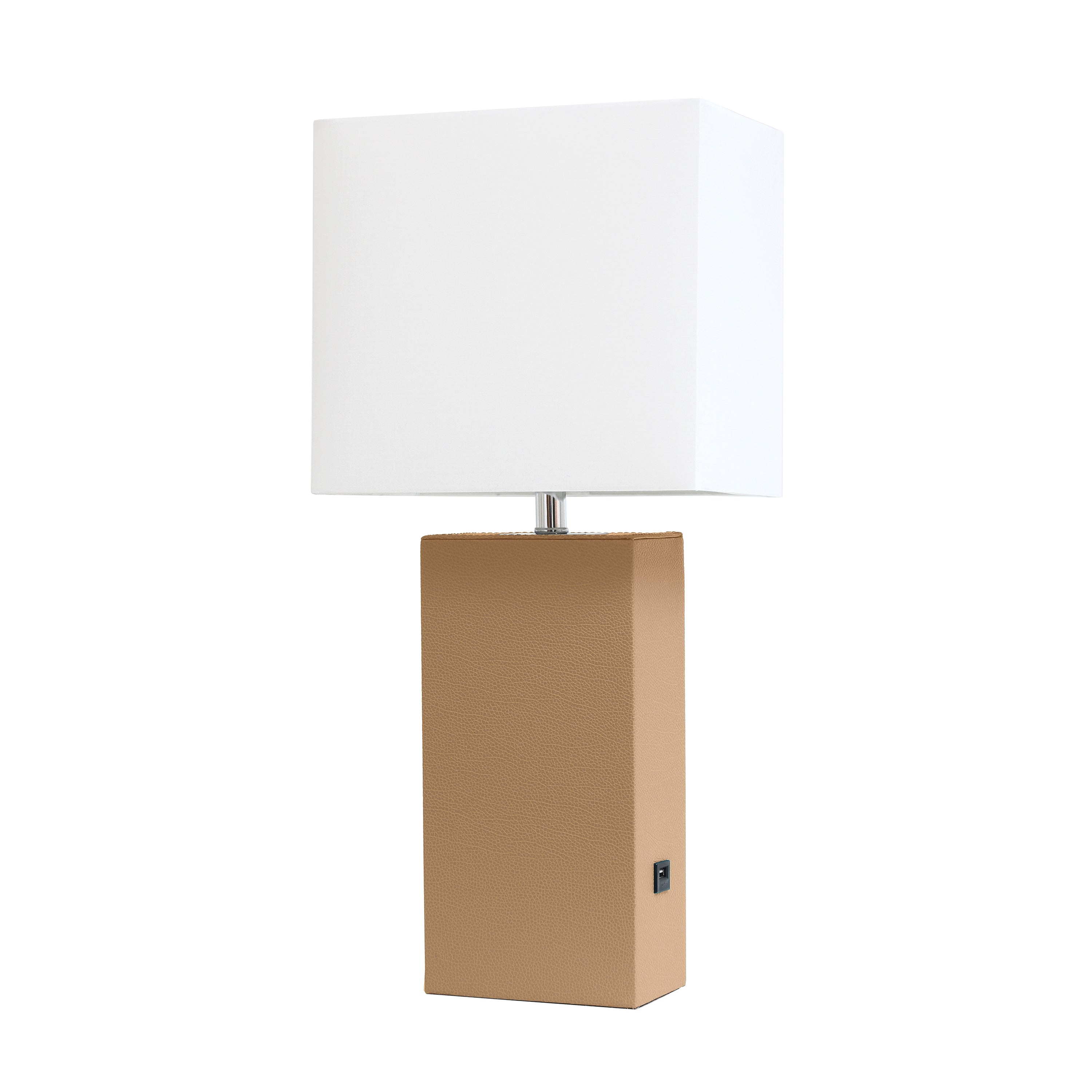 Elegant Designs Modern Leather Table Lamp With Usb And White Fabric Shade, Beige