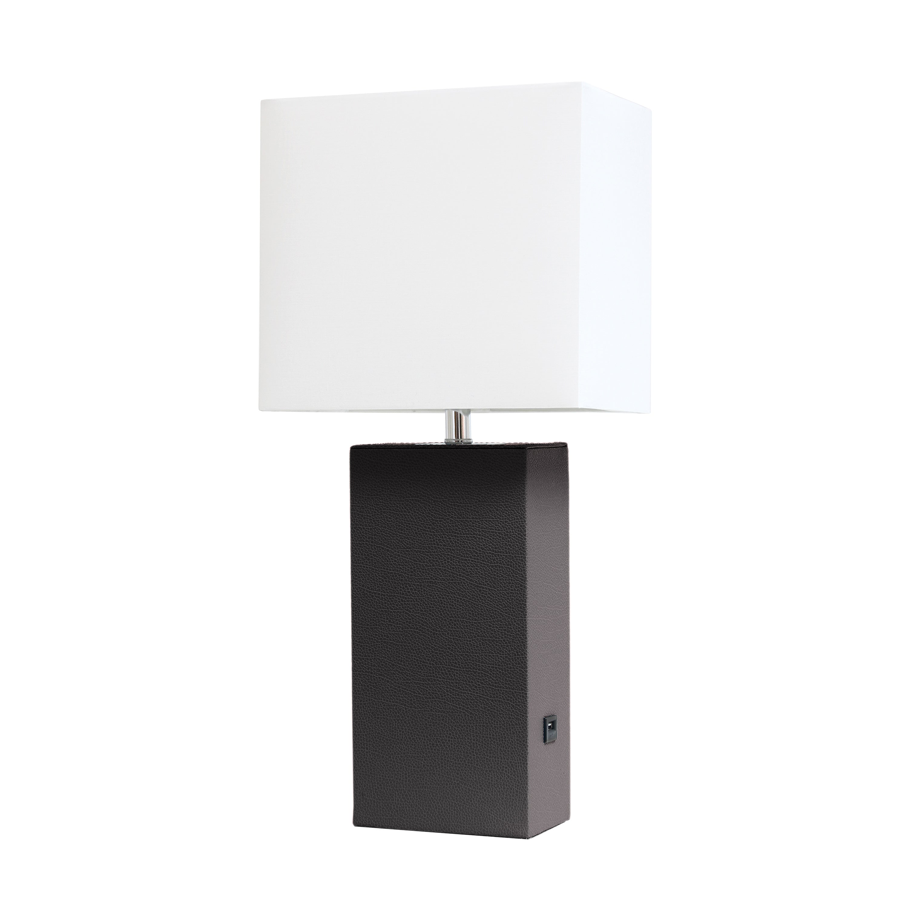 Elegant Designs Modern Leather Table Lamp With Usb And White Fabric Shade, Brown