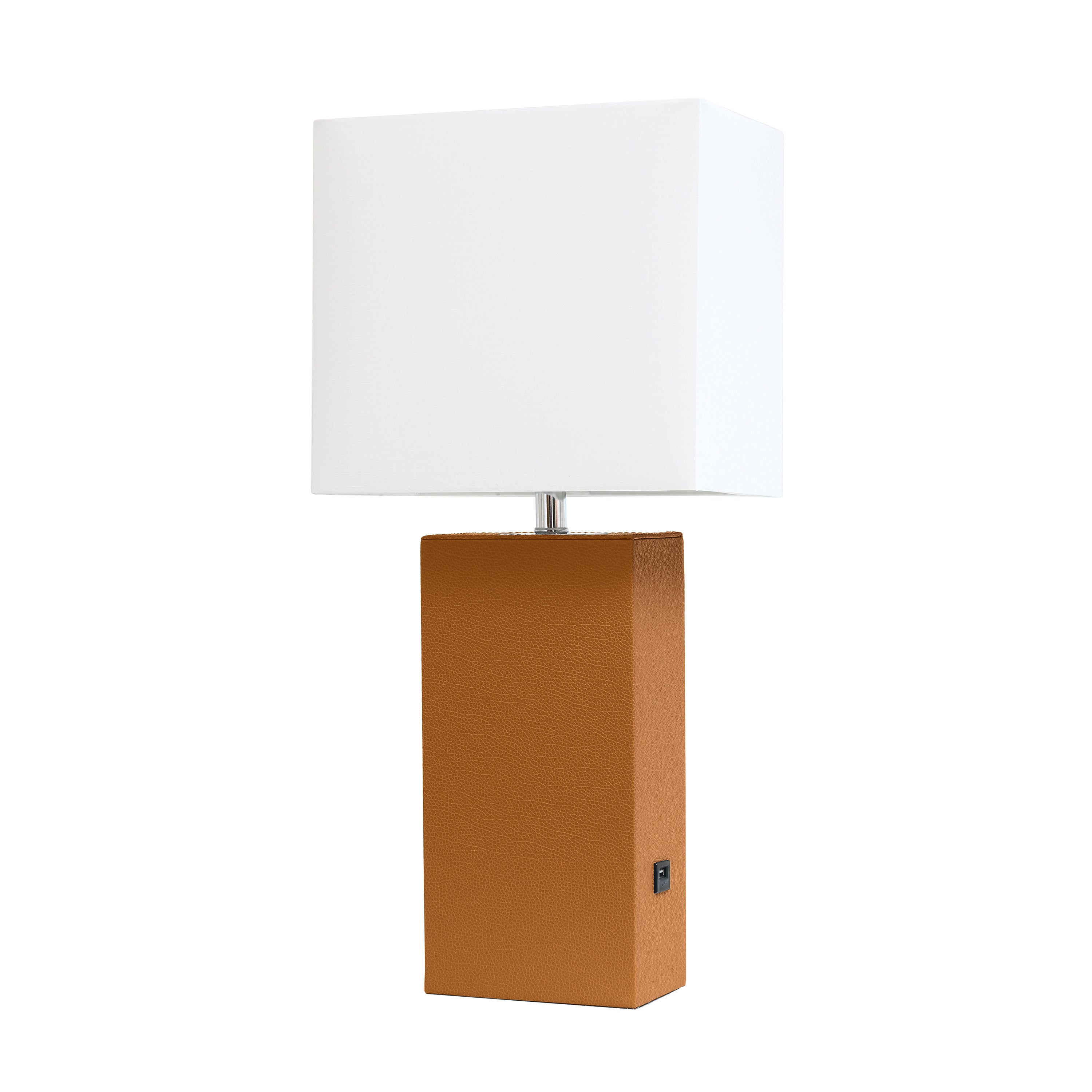 Elegant Designs Modern Leather Table Lamp With Usb And White Fabric Shade, Tan