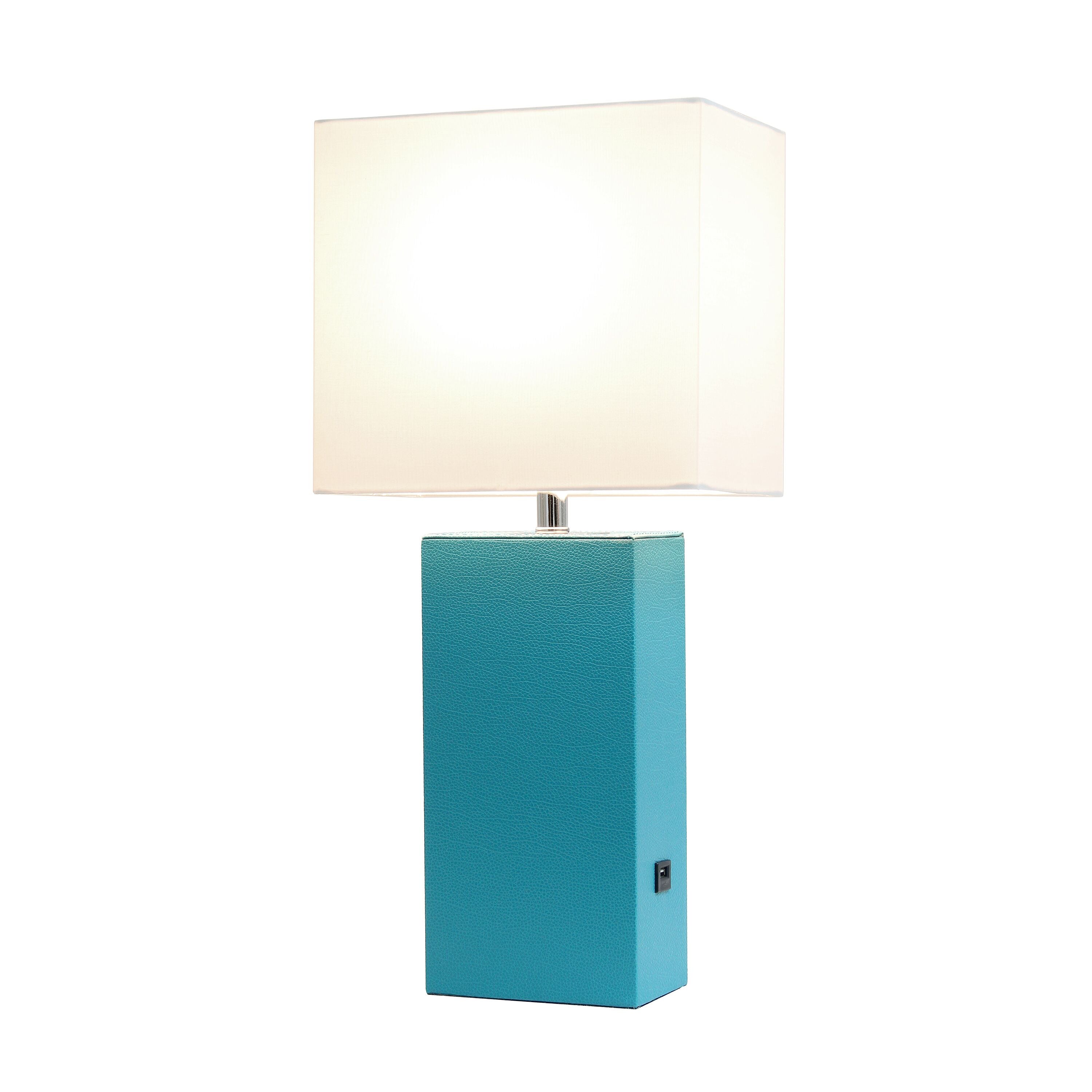 Elegant Designs Modern Leather Table Lamp With Usb And White Fabric Shade, Teal