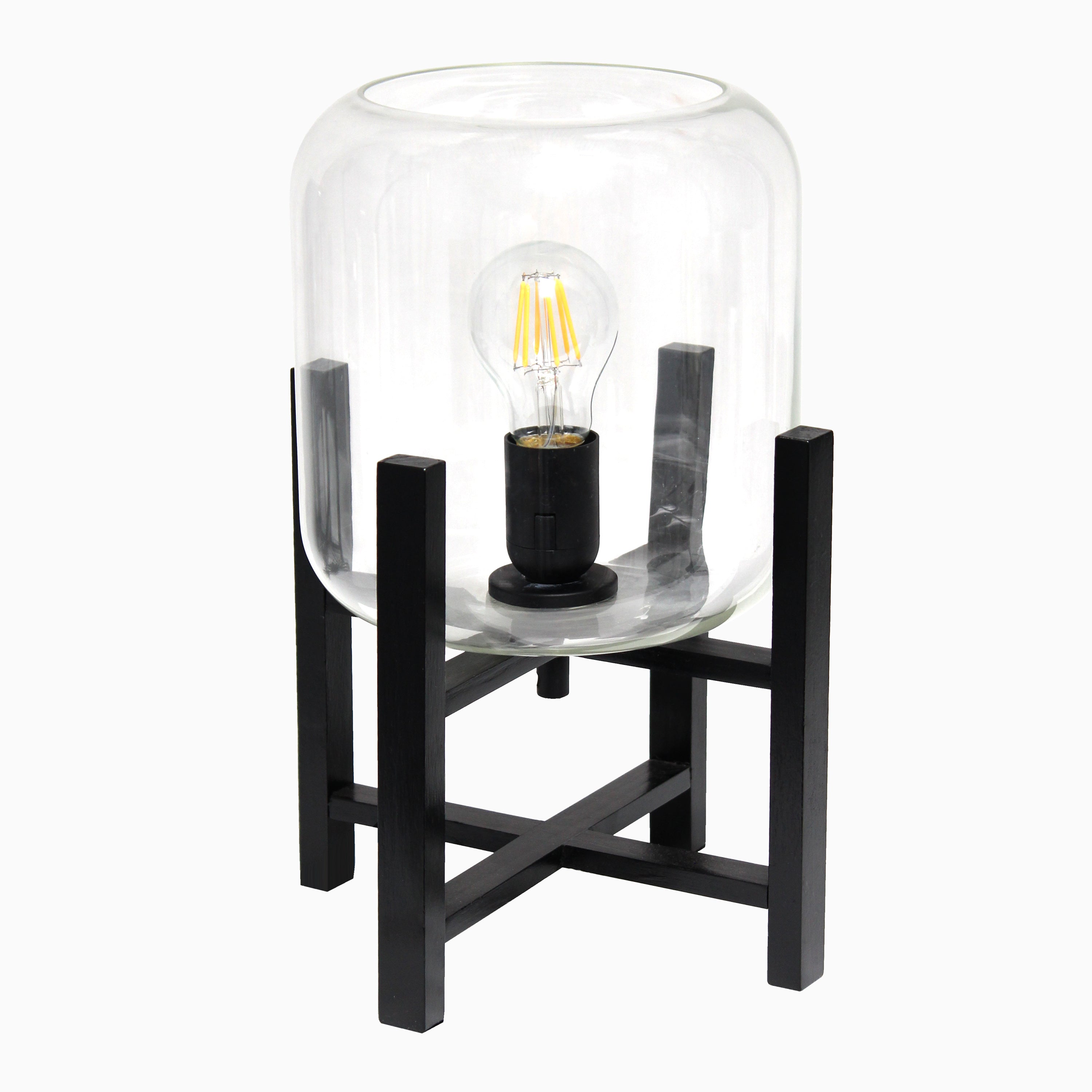 Simple Designs Black Wood Mounted Table Lamp With Clear Glass Cylinder Shade