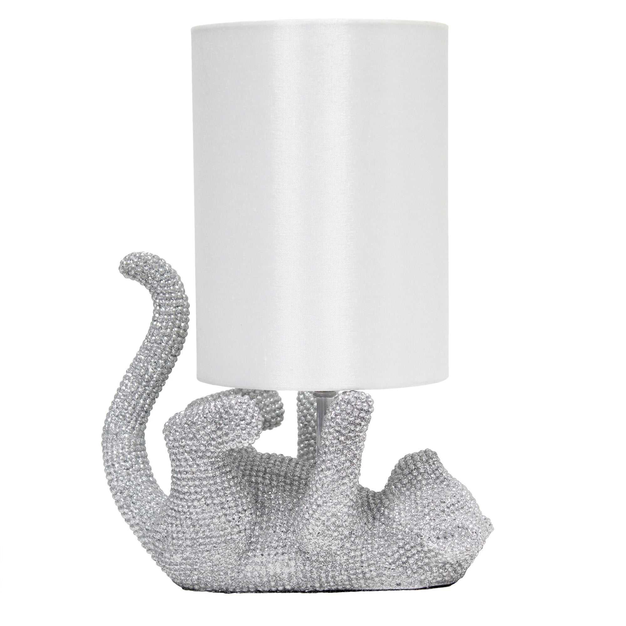 Elegant Designs 12.6' Contemporary Glam Bejeweled Rhinestone Look Animal Playful Kitty Cat Kids Desk Nightstand Table Lamp With Faux Silk Fabric Shade, Silver