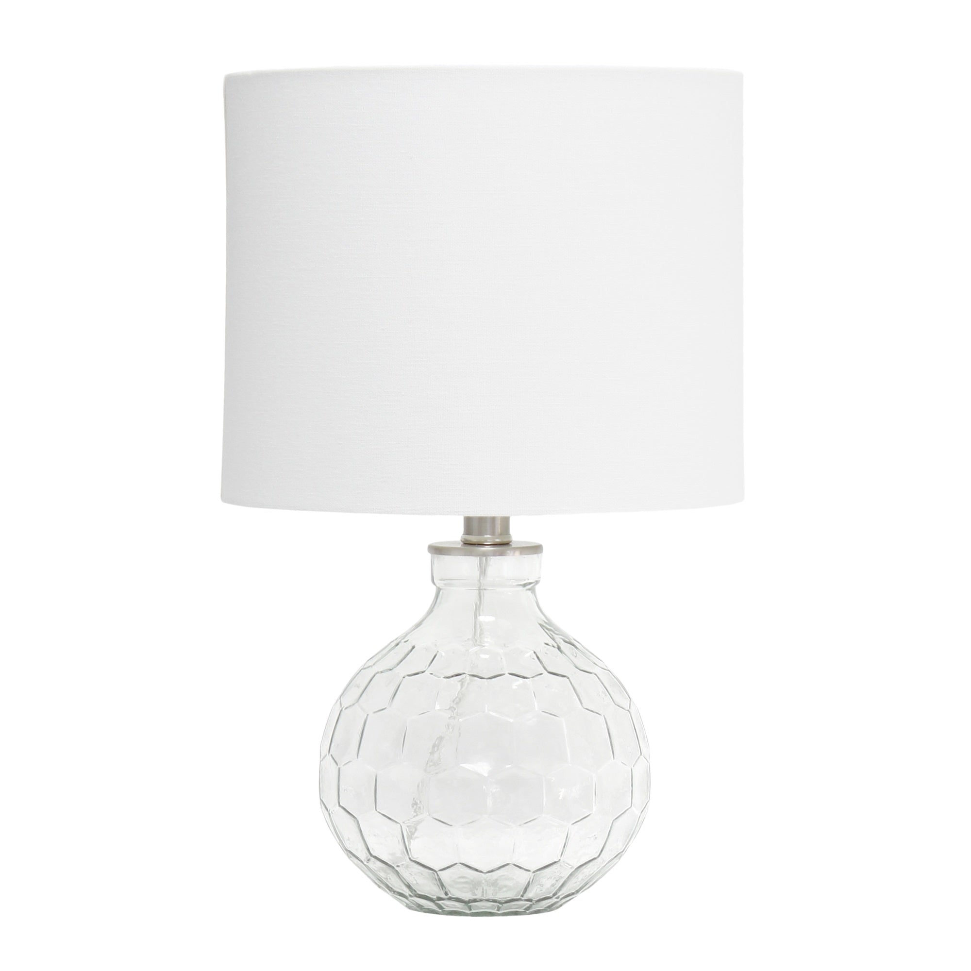 Elegant Designs 17.75' Modern Glass Patterned Hexagon Standard Endtable Bedside Desk Table Lamp With White Fabric Shade, Clear