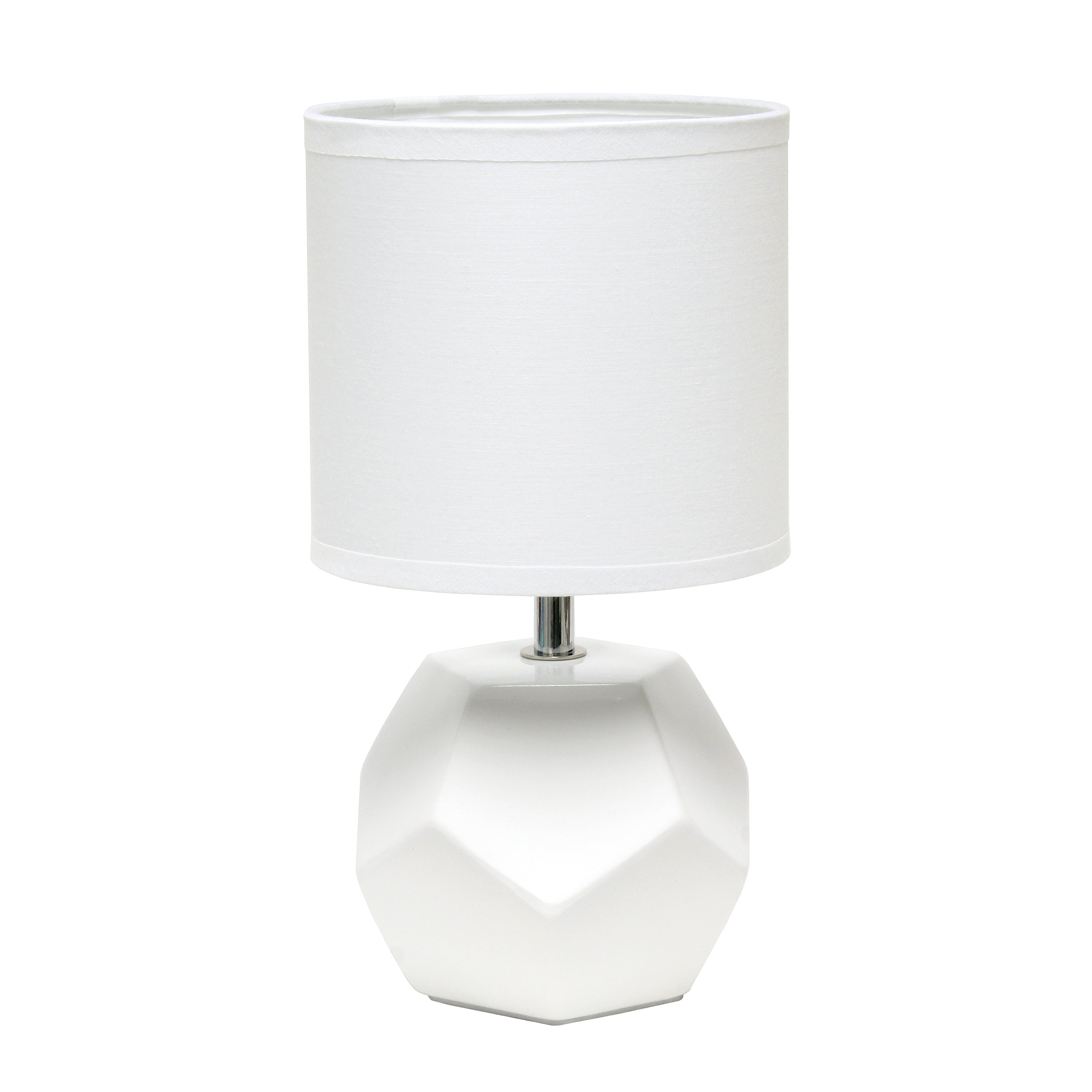 Simple Designs 10.24' Round Geometric Prism Mini Table Lamp With Matching Fabric Shade, Led Bulb Included, White