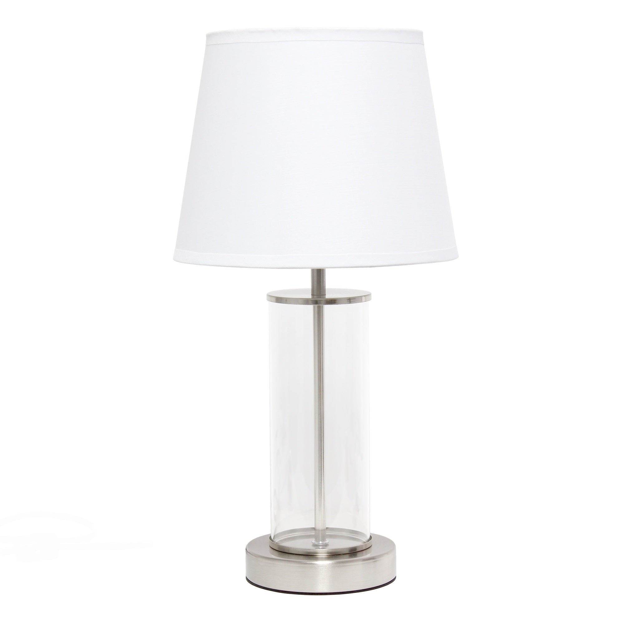 Simple Designs Encased Metal And Clear Glass Table Lamp, Brushed Nickel And White