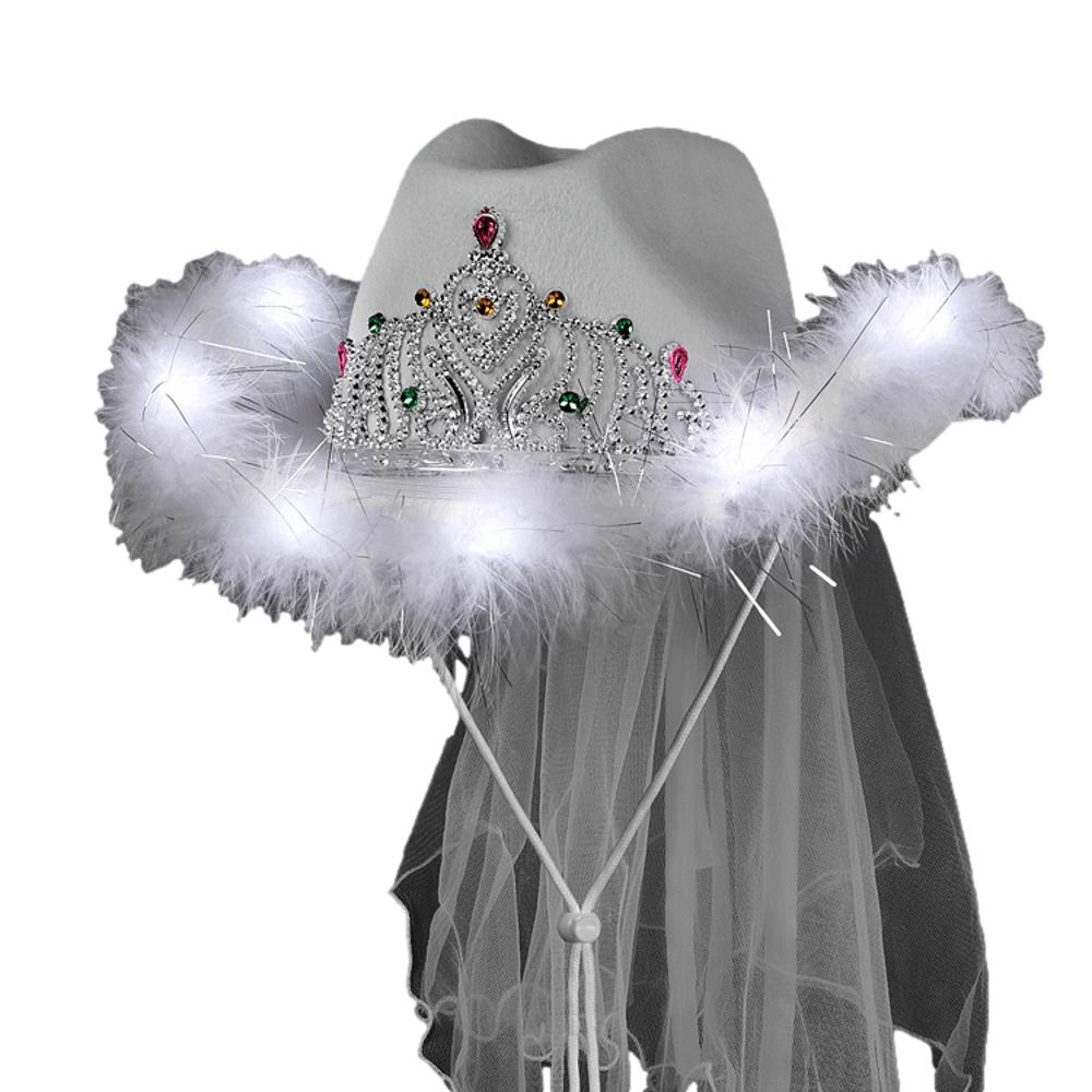 Light Up White Tiara Bridal Cowgirl Hat with Veil for Bachelorette and Bridal Party