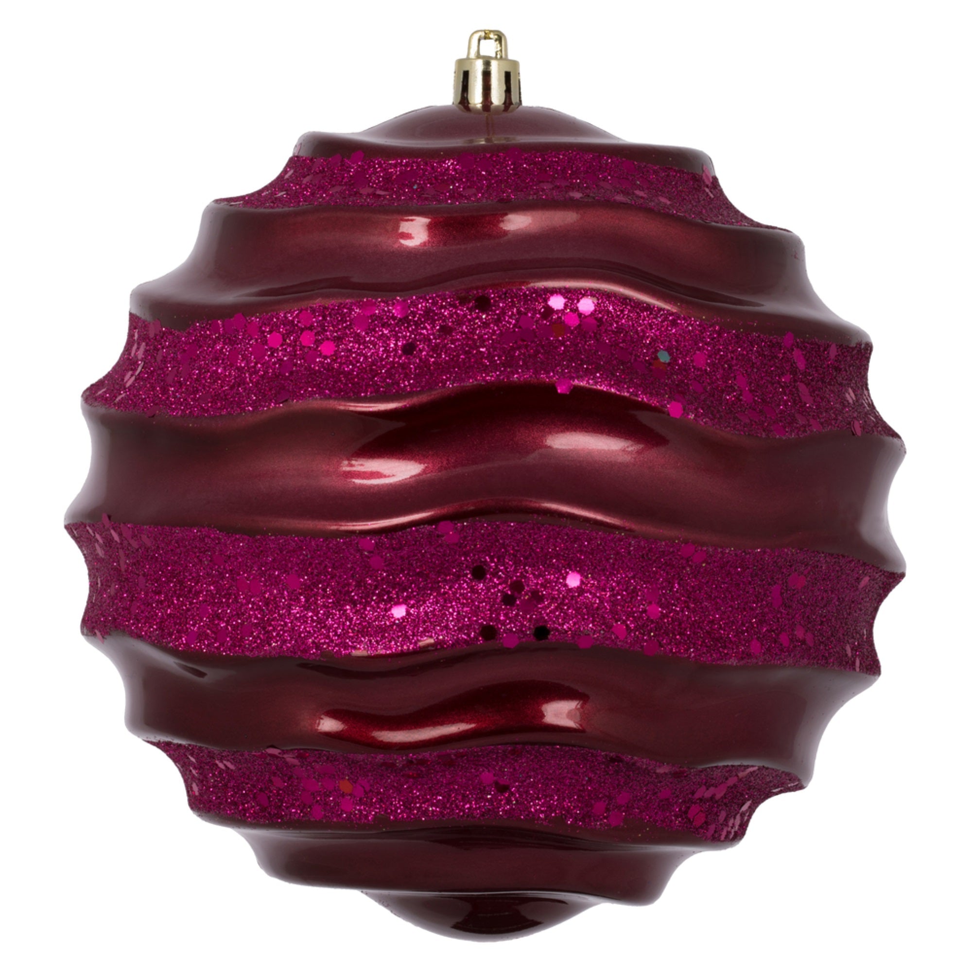 Vickerman 6” Berry Red Stripe Candy Finish Wave Ball Christmas Ornament with Glitter Accents