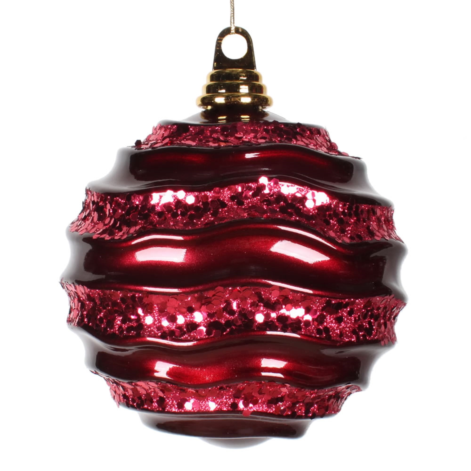 Vickerman6” Burgundy Stripe Candy Finish Wave Ball Christmas Ornament with Glitter Accents
