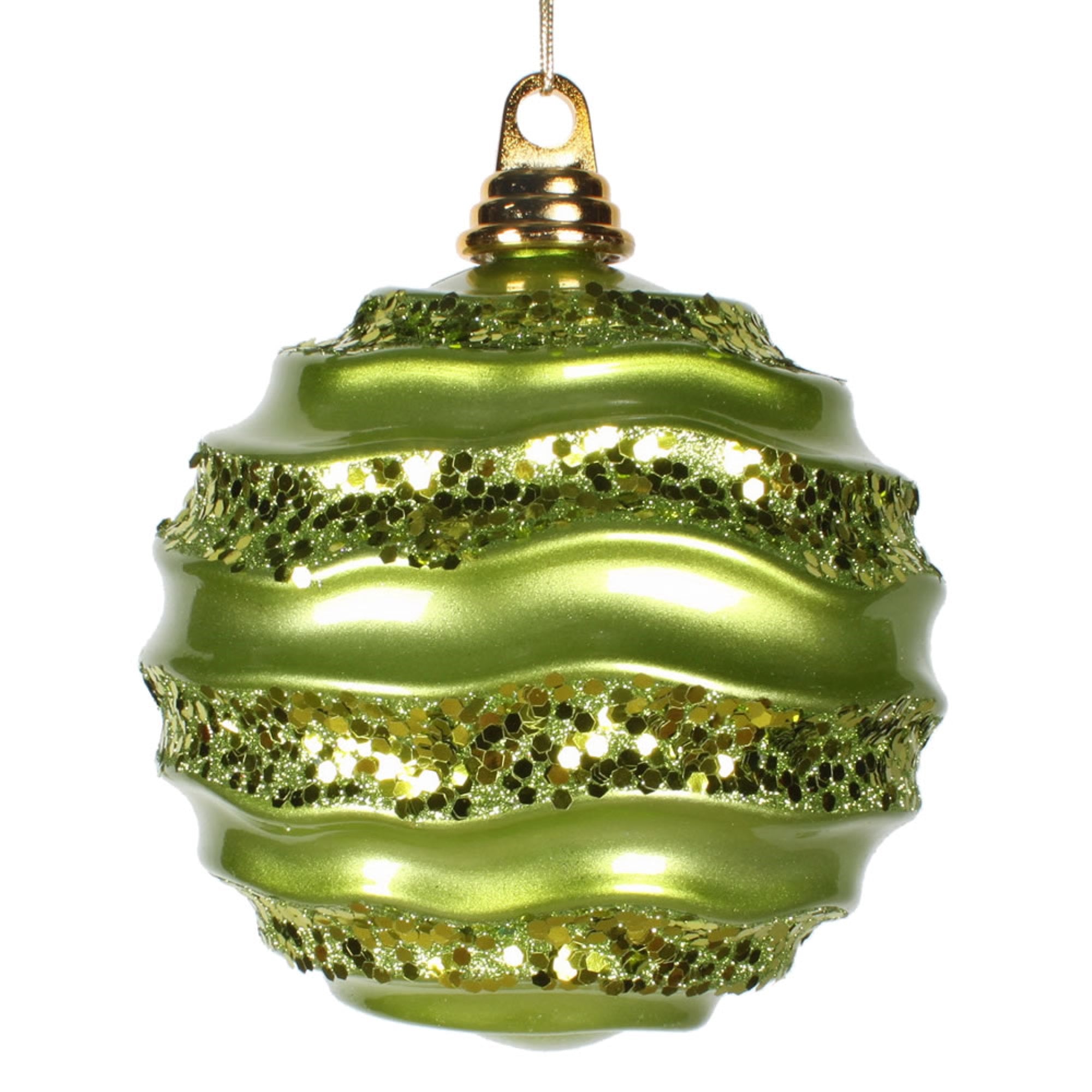 Vickerman 6” Lime Stripe Candy Finish Wave Ball Christmas Ornament with matching Glitter Accents