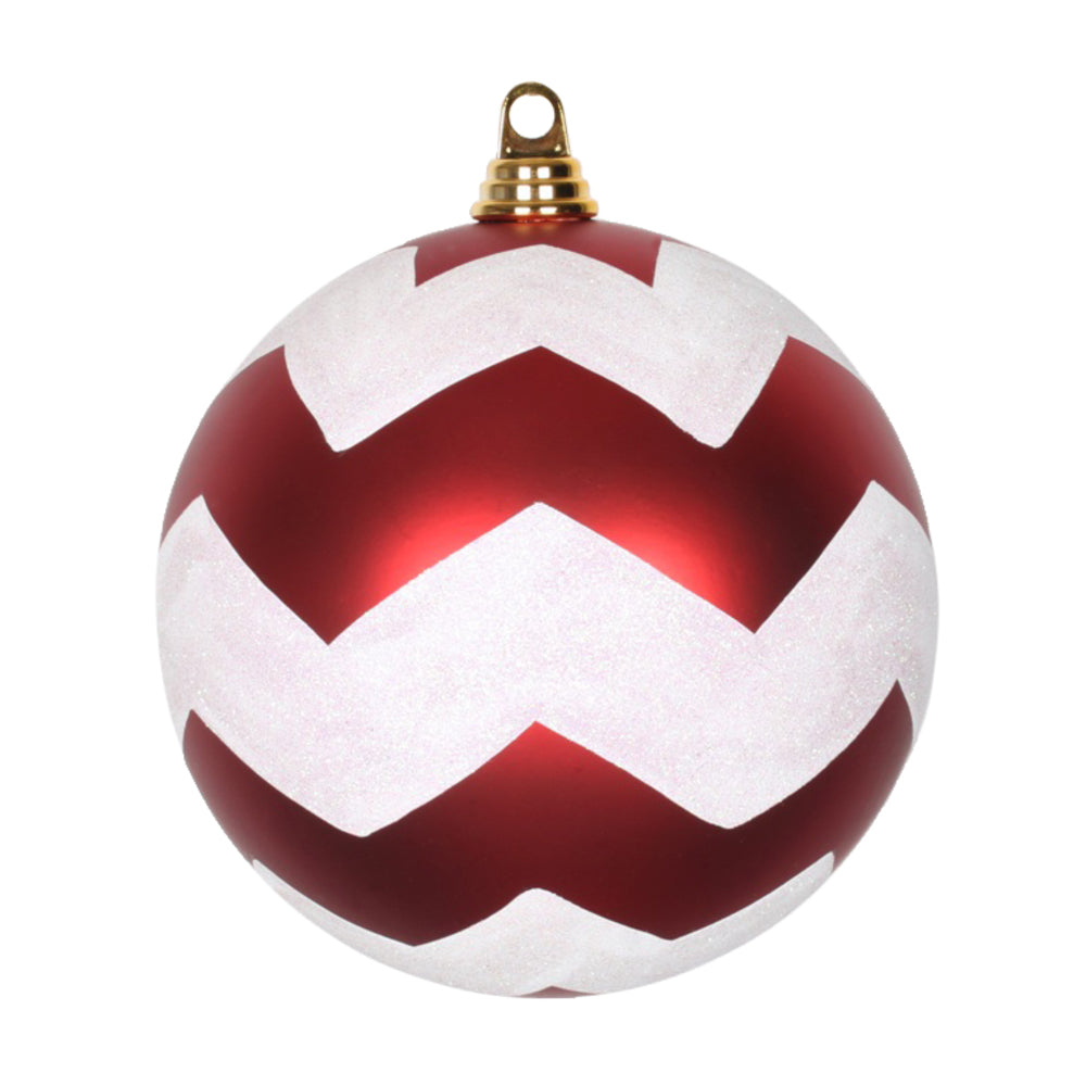 Vickerman 8″ Red-White Matte-Glitter Chevron Ball - M143873