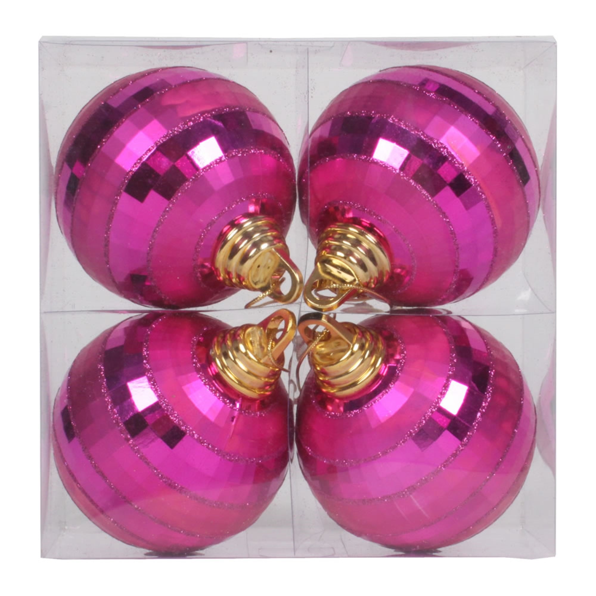 Vickerman 4” Cerise Shiny and Matte Mirror Ball Christmas Ornament with Glitter Accents, 4 per Box