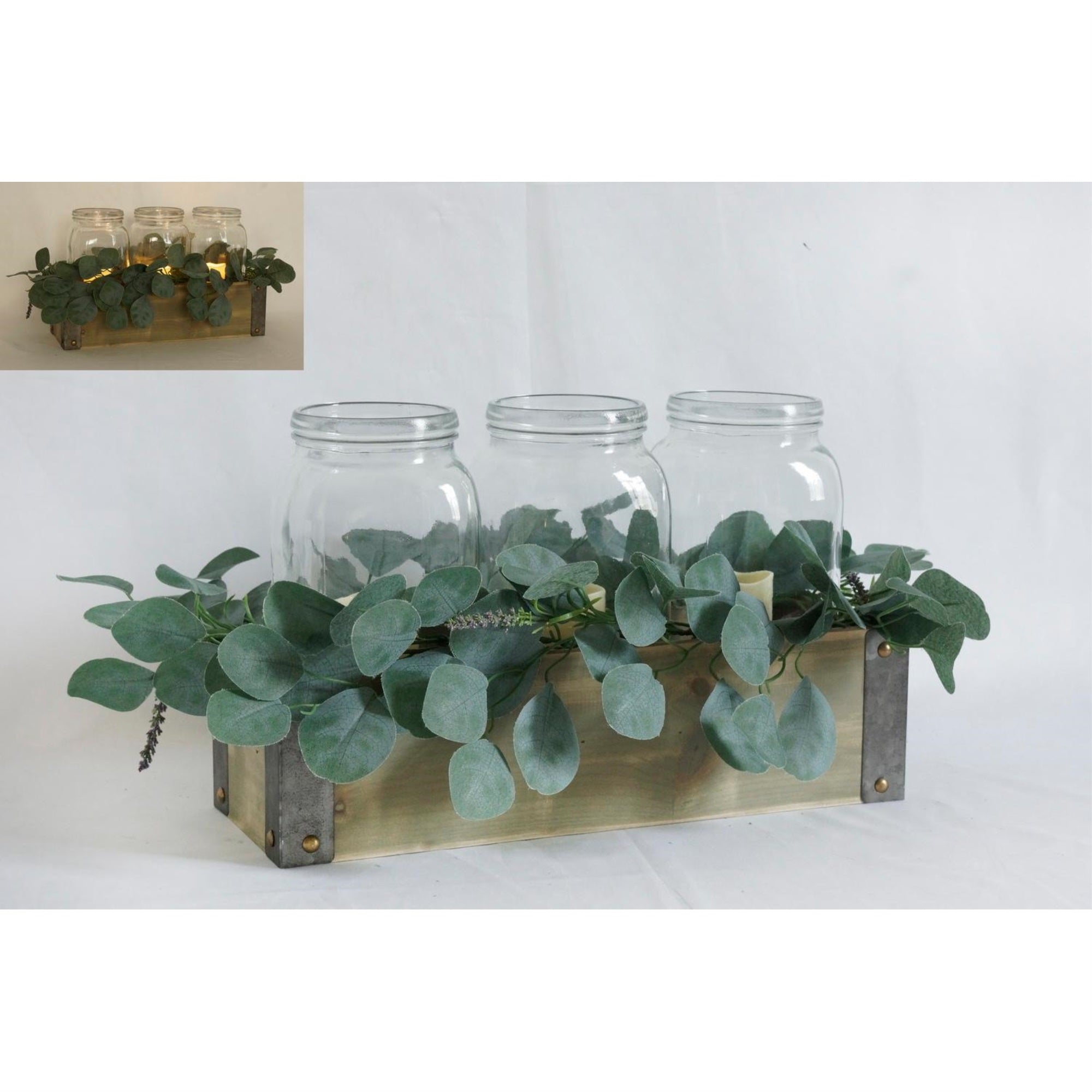 Led Wood With Metal Trim Box With Greenery