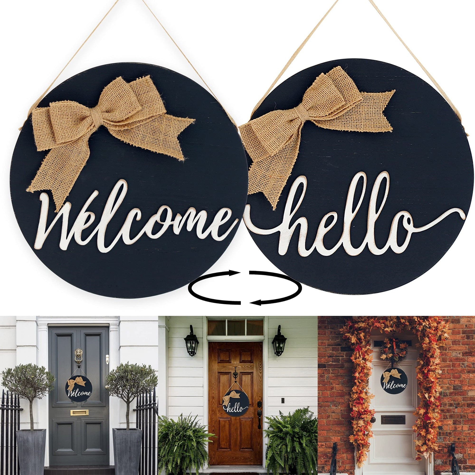 Welcome Hello Reversible Wood Wall Dcor With Burlap Bow