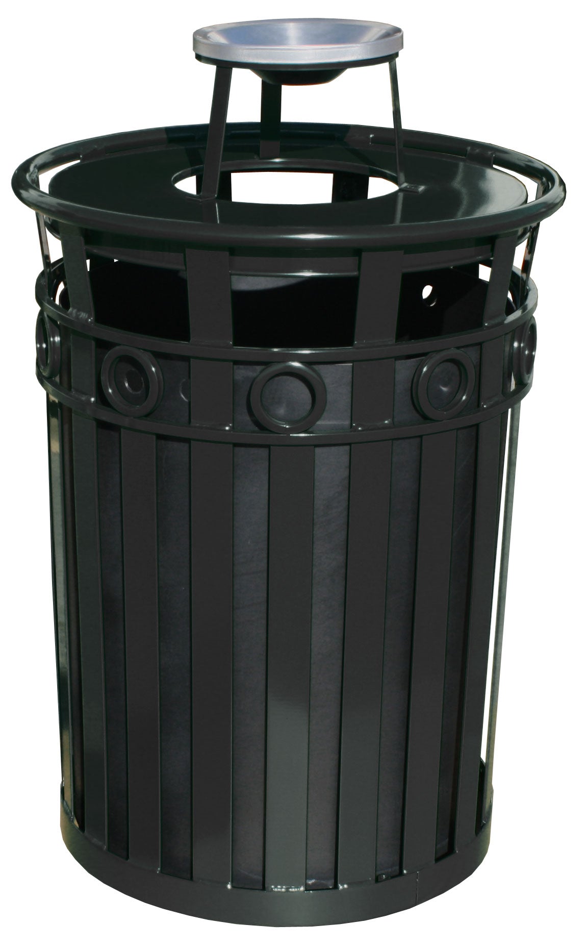 M3600-R-At-Bk-Vv Ergode Trash Receptacle - Graffiti-Resistant Metal Construction With Ash Urn Lid, Decorative Ring, Leveling Fee