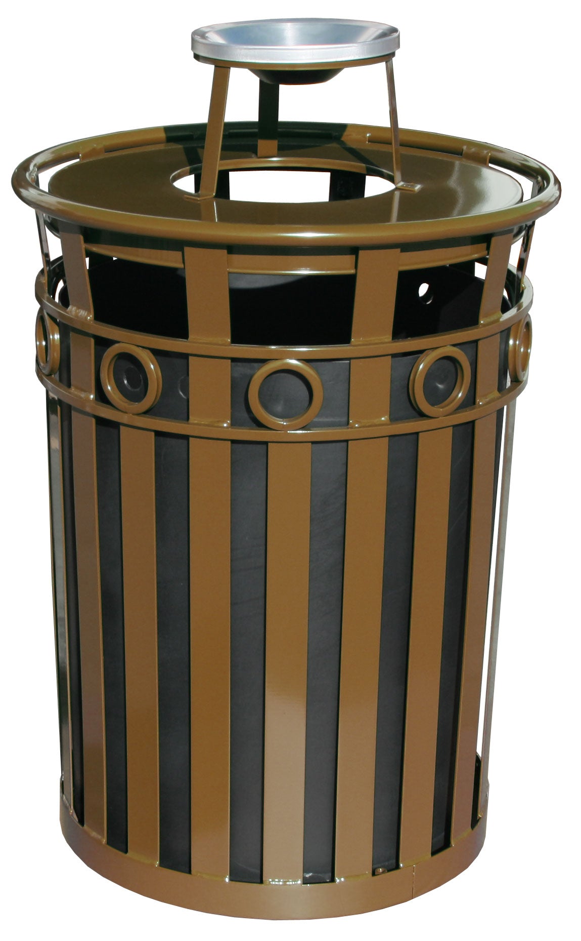 M3600-R-At-Bn-Vv Ergode Trash Receptacle With Ash Urn Lid - Durable Metal Construction, Graffiti-Resistant, Decorative Ring, Lev