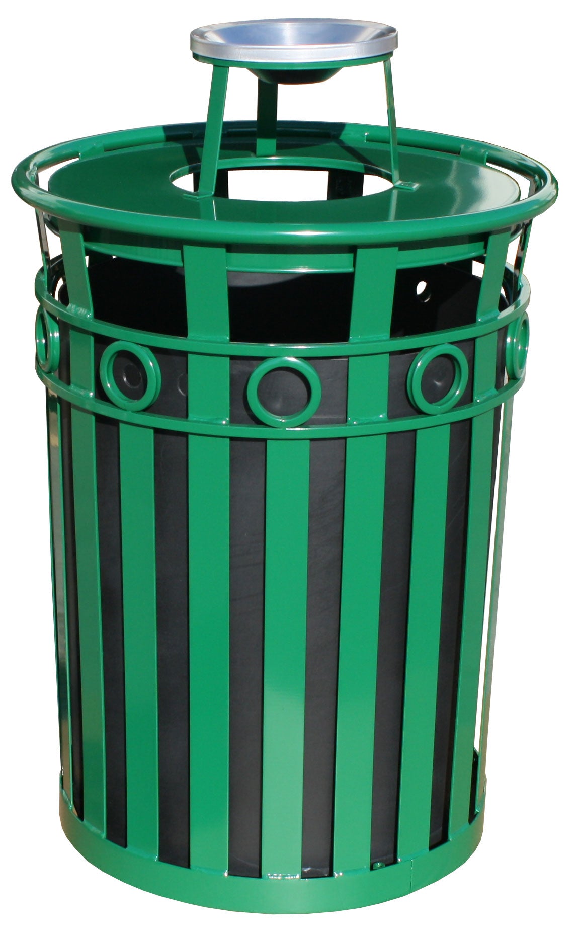 Metal Trash Receptacle With Ash Urn Lid - Durable Flat-Bar Steel Construction, Graffiti-Resistant, Decorative Ring, Leveling Fee