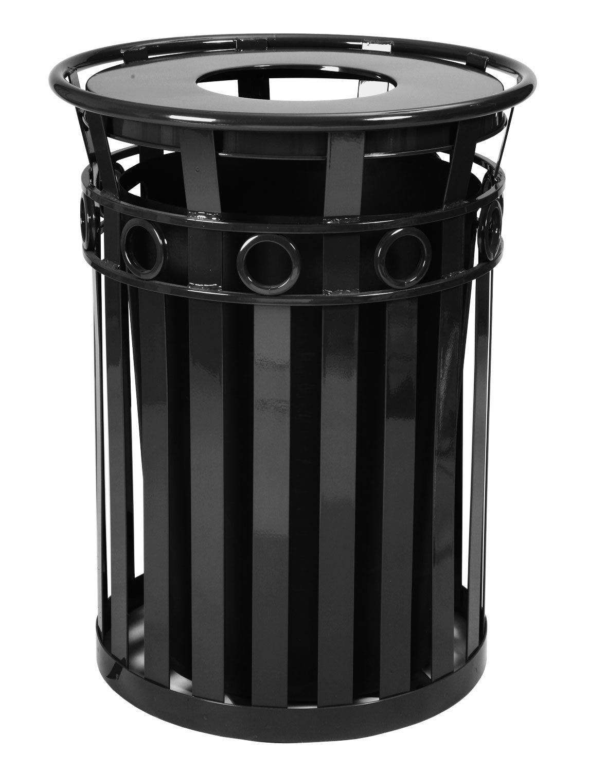 Metal Trash Receptacle With Flat Top Lid - Durable Steel Construction, Graffiti-Resistant, Decorative Ring, Leveling Feet, Plast
