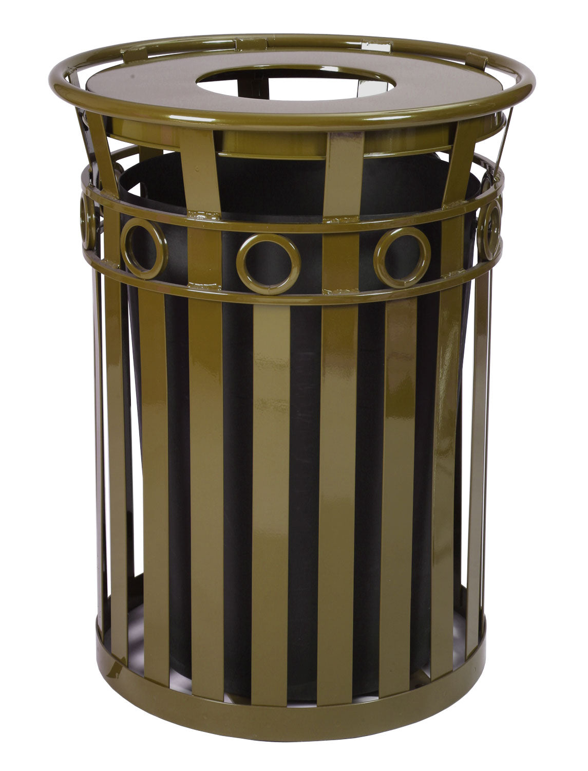 Metal Trash Receptacle With Flat Top Lid - Durable, Graffiti-Resistant, Decorative Ring, Leveling Feet, Plastic Liner, Lid Attac