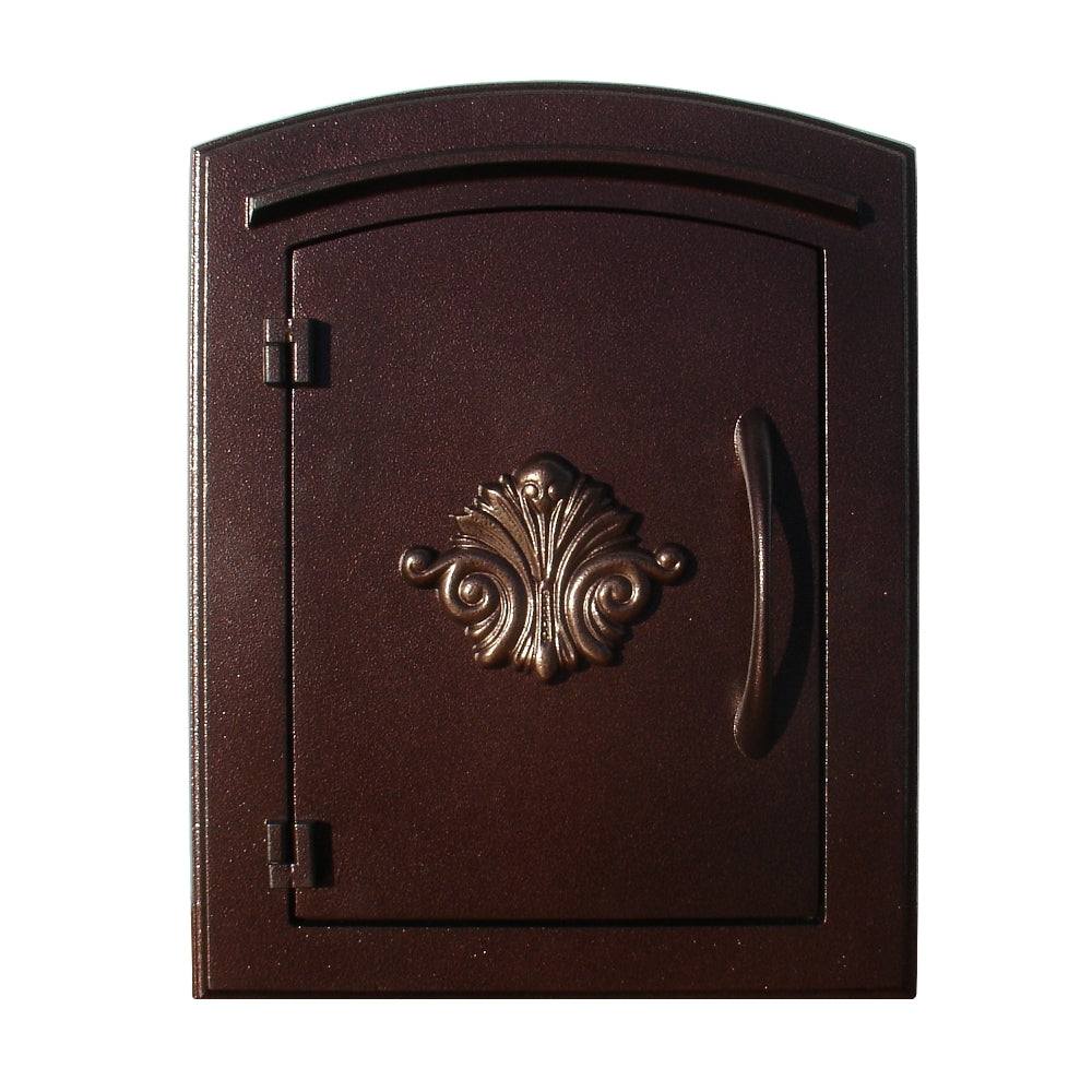 Manchester NON-LOCKING Column Mount Mailbox with Decorative Scroll Logo in Antique Copper