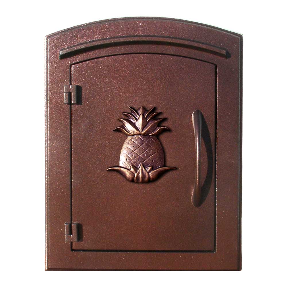 Manchester NON-LOCKING Column Mount Mailbox with Decorative Pineapple Logo in Antique Copper