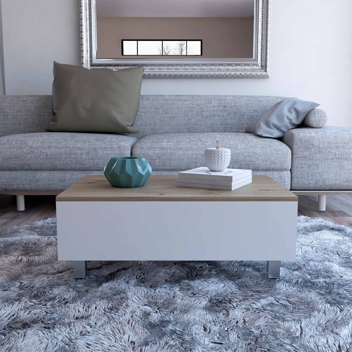 Tuhome Gambia Lift Top Coffee Table, Four Legs, One Flexible Shelf, Storage Compartment, White/Light Oak, For Living Room