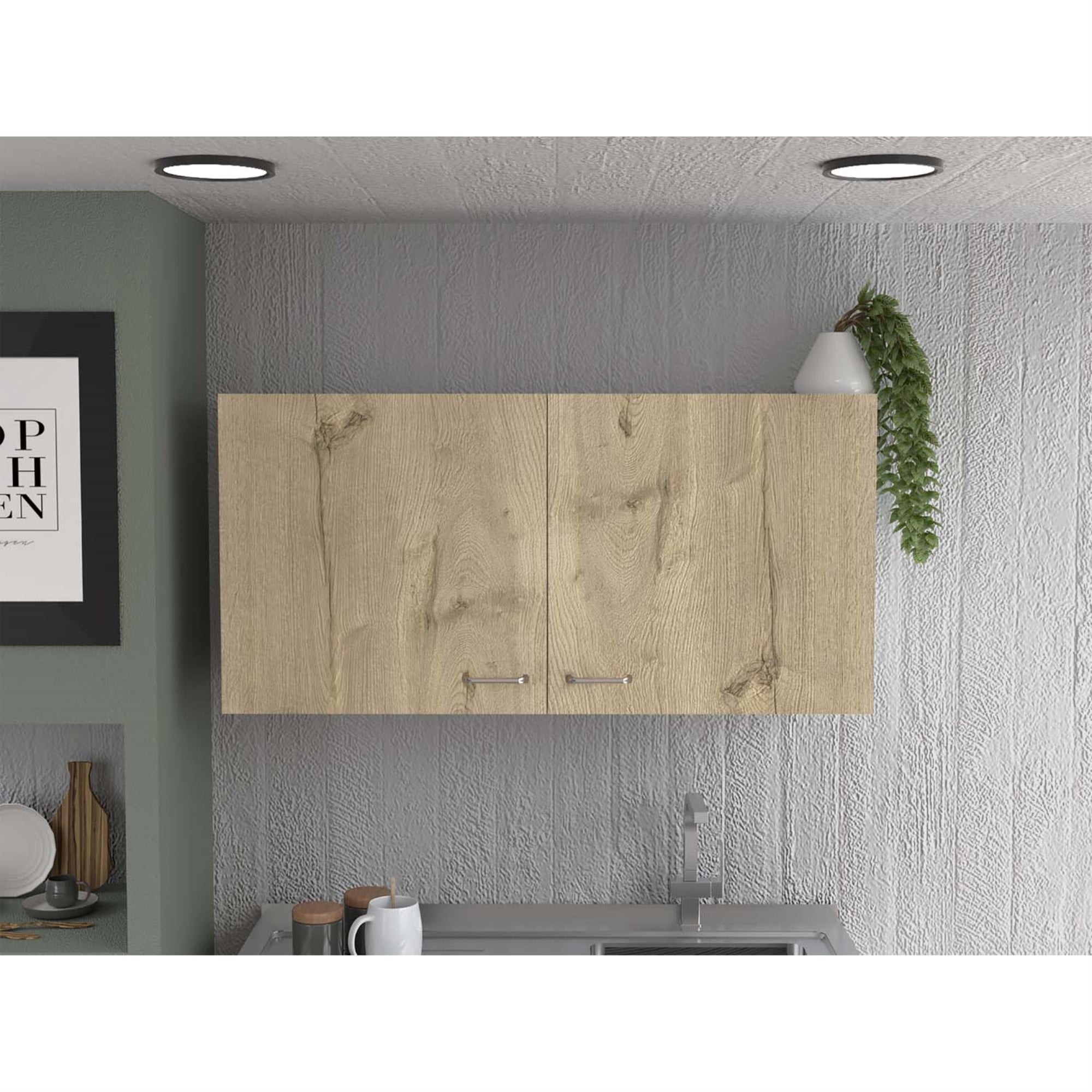Tuhome Napoles Wall Cabinet, Two Shelves, Two-Door Cabinet, Metal Handles-White/Light Oak, For Kitchen Room