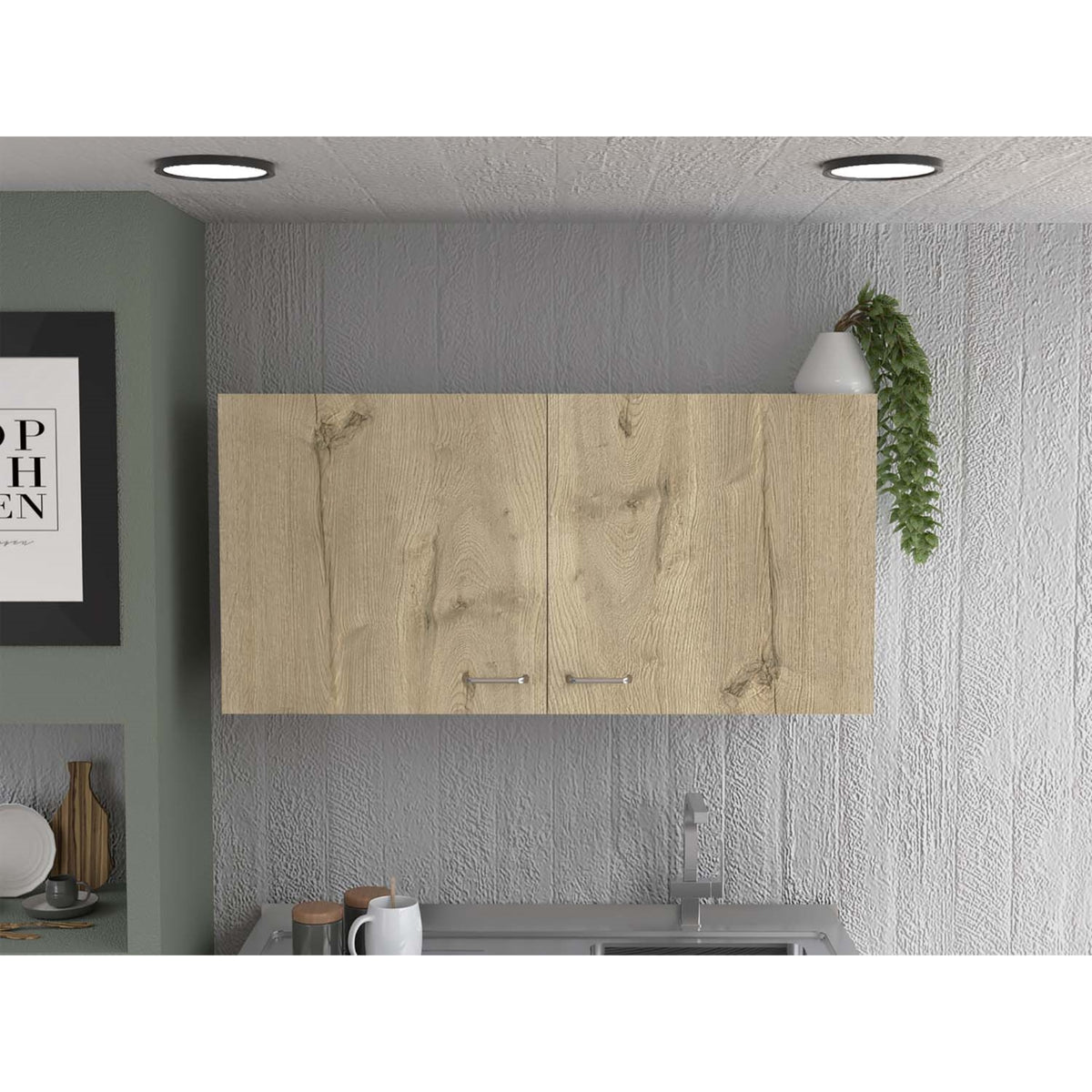 Tuhome Napoles Wall Cabinet, Two Shelves, Two-Door Cabinet, Metal Handles-White/Light Oak, For Kitchen Room