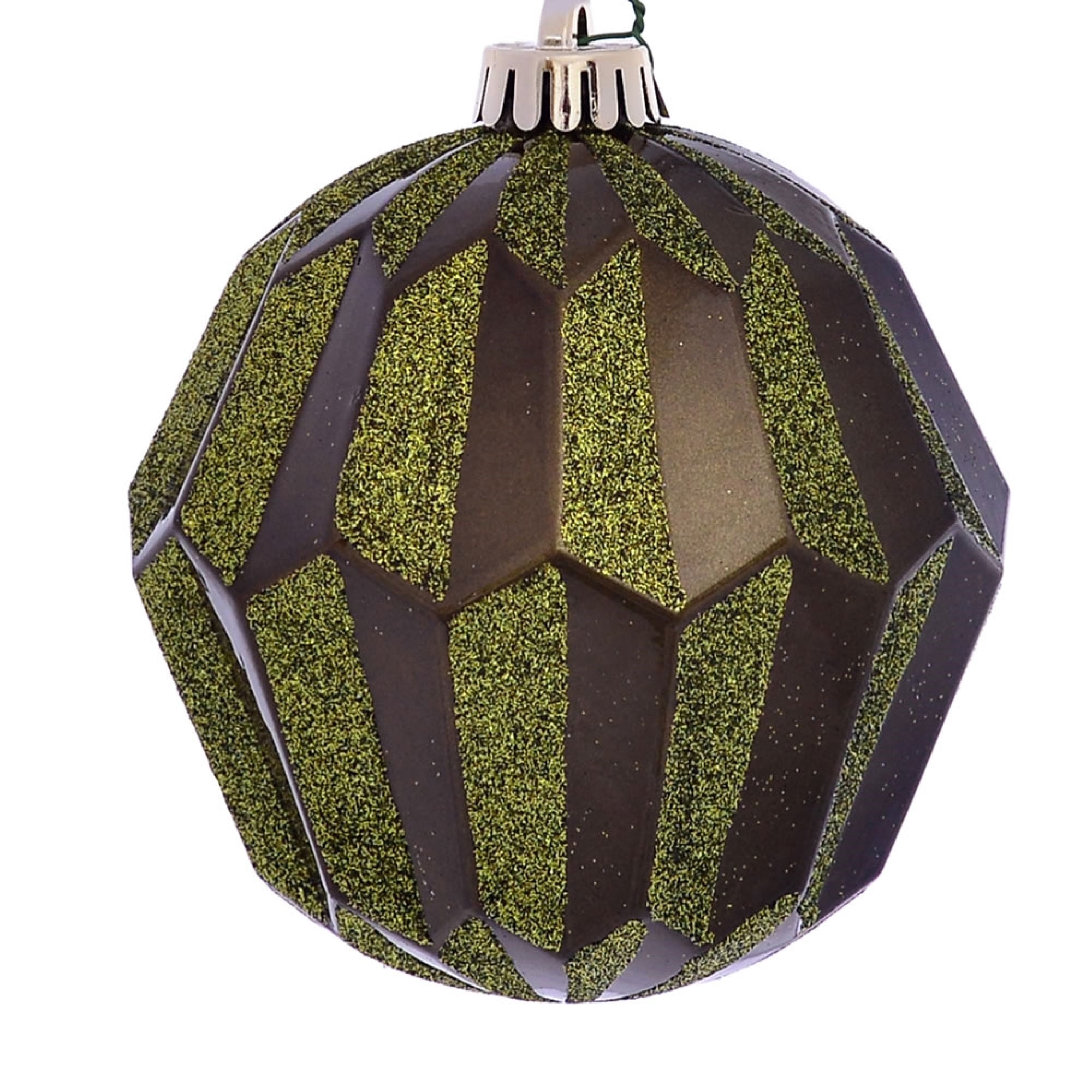5” Olive Glitter Faceted Ball Orn 3/Bg