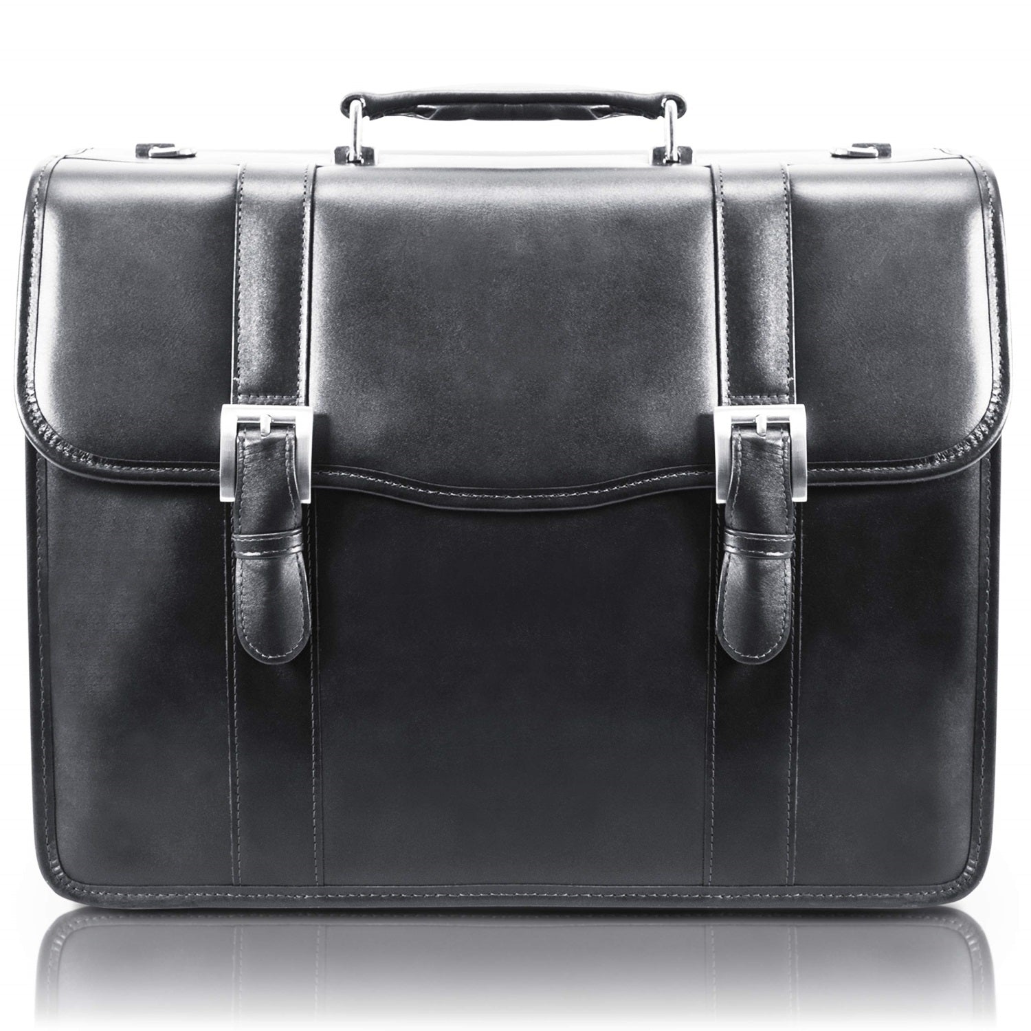 V Series | Flournoy | 15 Leather Double Compartment Laptop Briefcase - Black