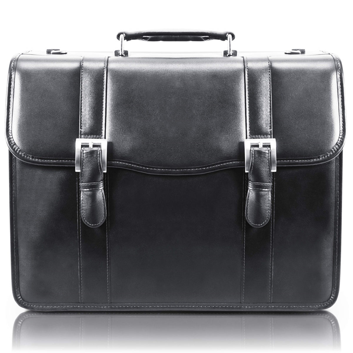 V Series | Flournoy | 15 Leather Double Compartment Laptop Briefcase - Black