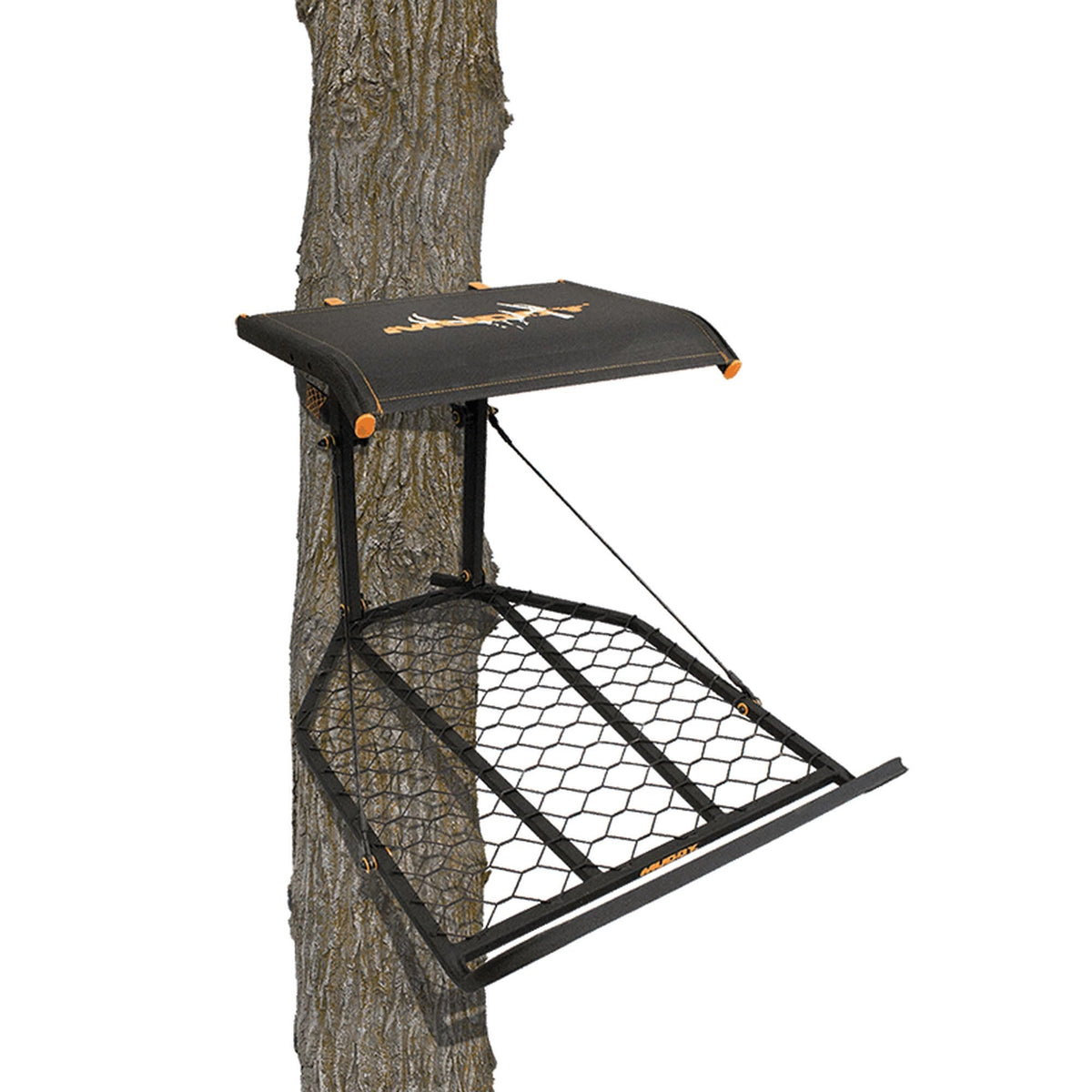 Muddy Boss Xl Hang-On, Durable Weather-Resistant Outdoor Hunting Tree Stand, Wide Stance Platform With Fixed Footrest & Flip-Back Flex-Tek Seat, 300 Pound Maximum Capacity