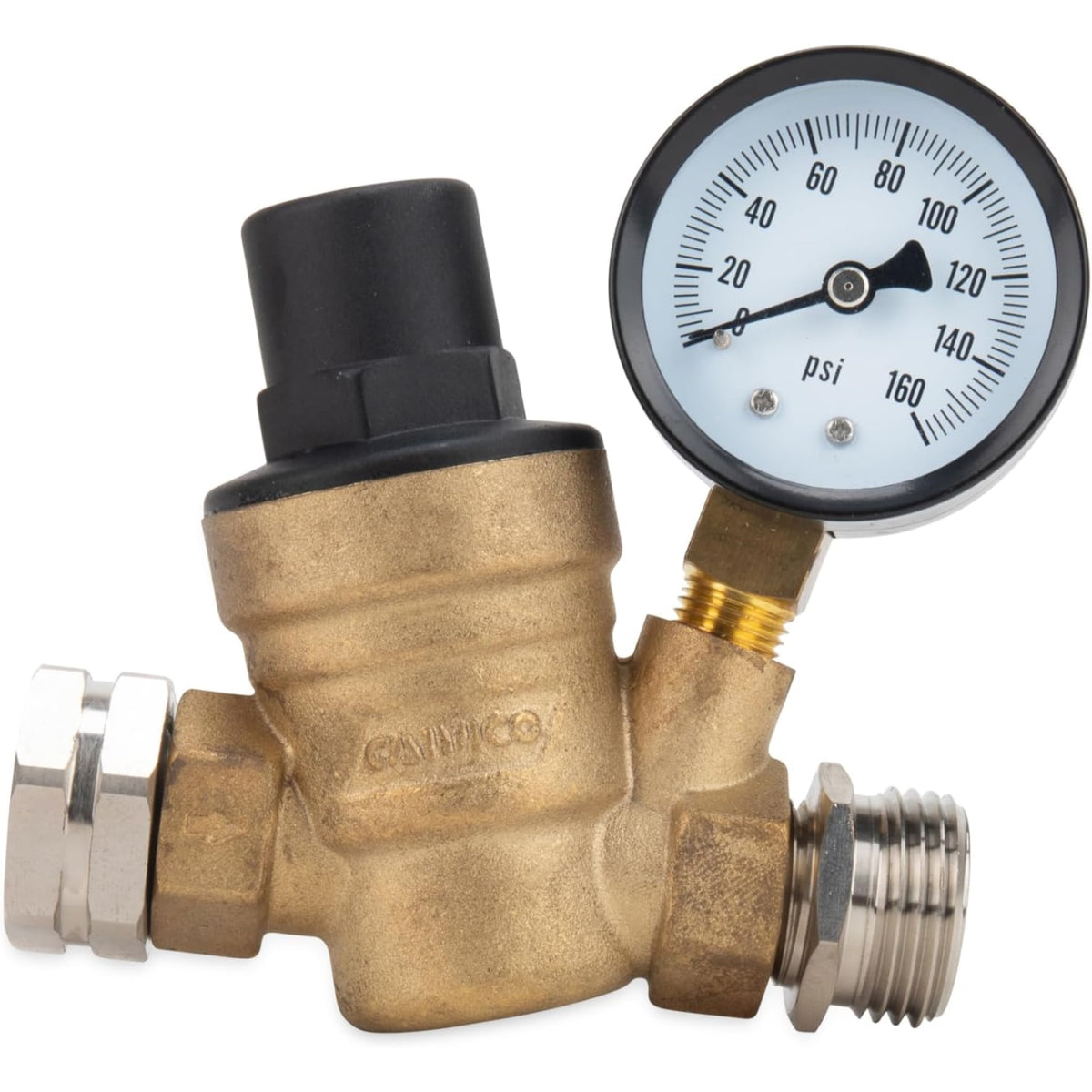 Camco Adjustable Rv/Marine Brass Water Pressure Regulator | Help Stop Damage To Rv/Marine Appliances, Plumbing Fixtures, And Hoses | Features Standard Garden Hose Threads For Simple Hookup | (40058)