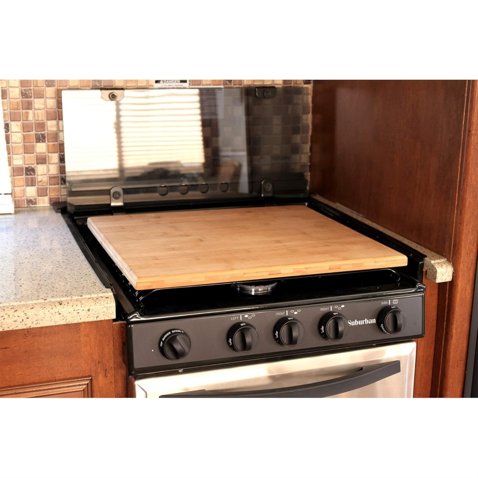 Camco Camper/Rv Silent Top Stovetop Cover - Features Natural Bamboo Design W/C Protective Finish & 4 Non-Slip Rubber Feet - Fits Most 3 Or 4 Burner Rv Stoves | 19.5 X 17 X .75 (43571)