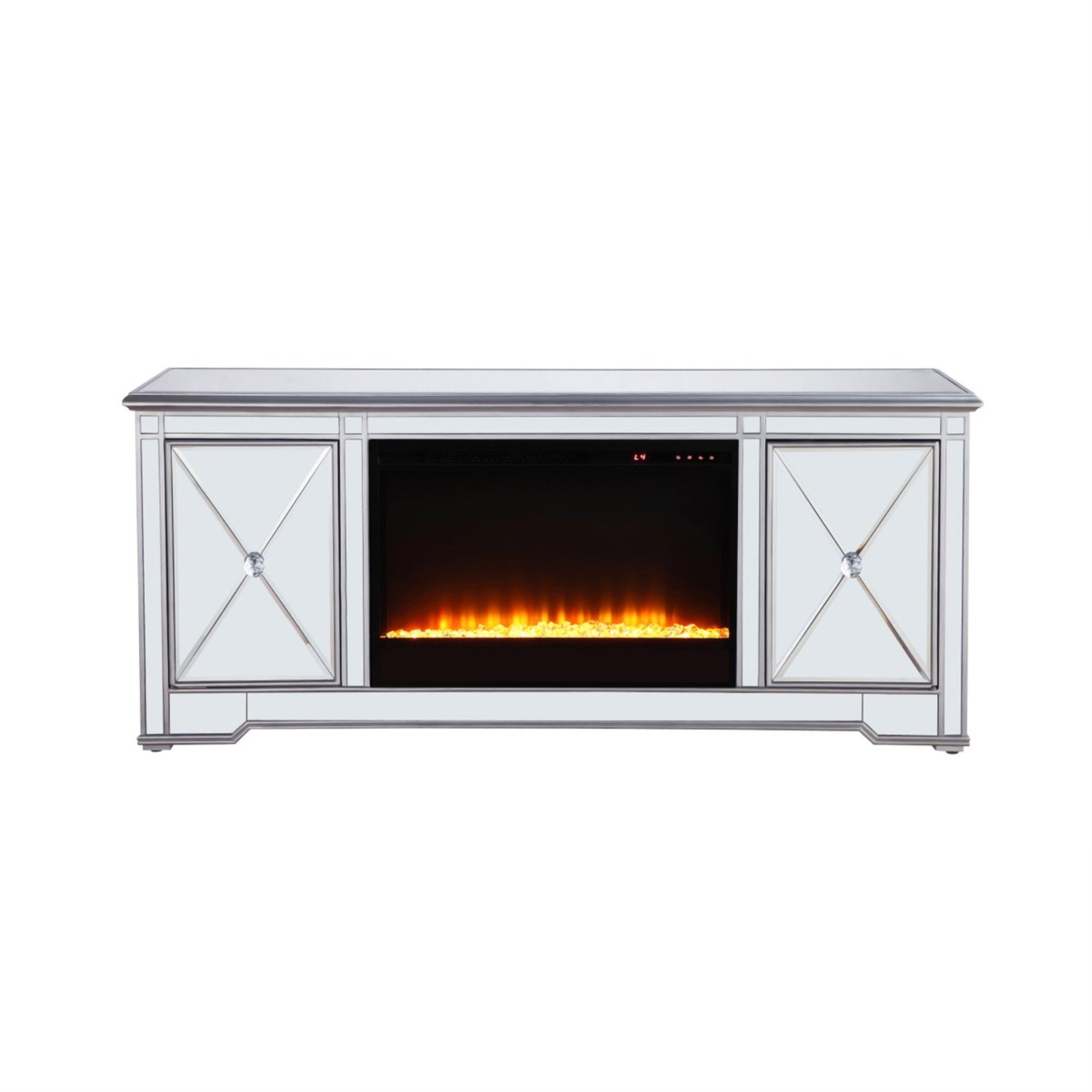 60 In. Mirrored Tv Stand With Crystal Fireplace Insert In Antique Silver